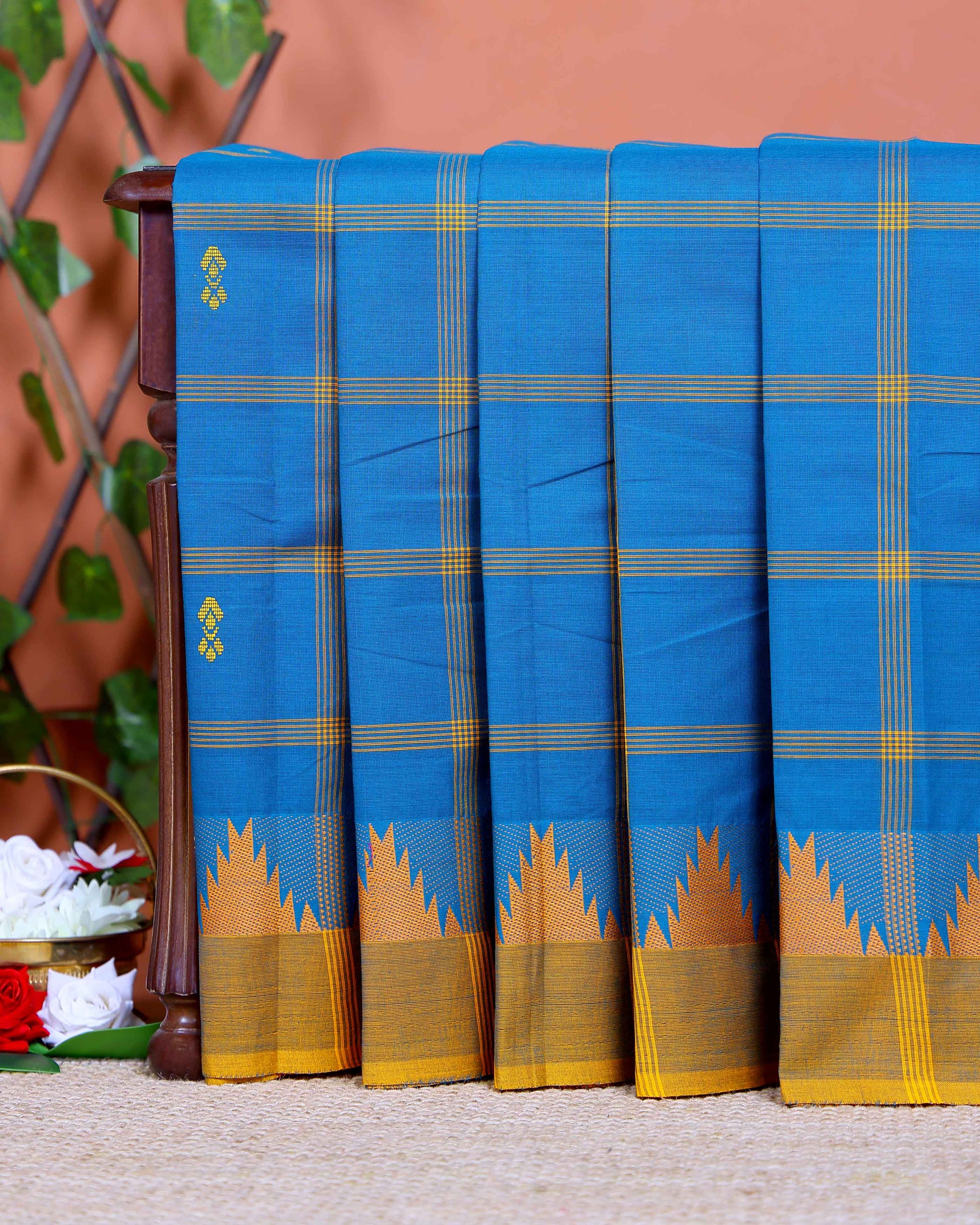 Handloom Chettinad Cotton Saree with Traditional Checks and Temple Border - Blue