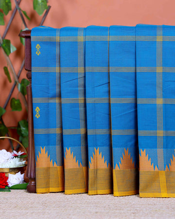 Handloom Chettinad Cotton Saree with Traditional Checks and Temple Border - Blue
