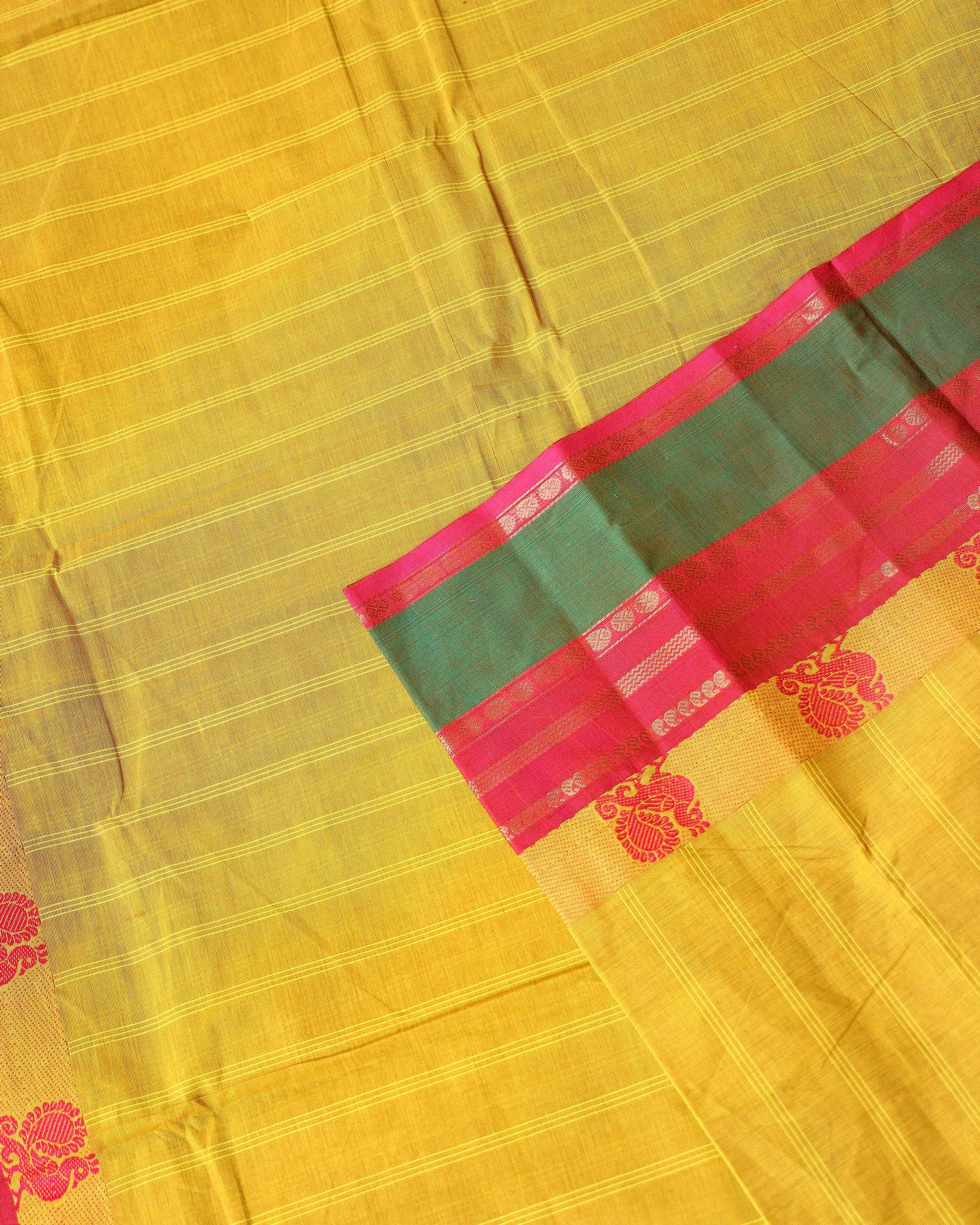 Handloom Chettinad Cotton Saree with Traditional Peacock and Temple Border - Yellow-CLOSE