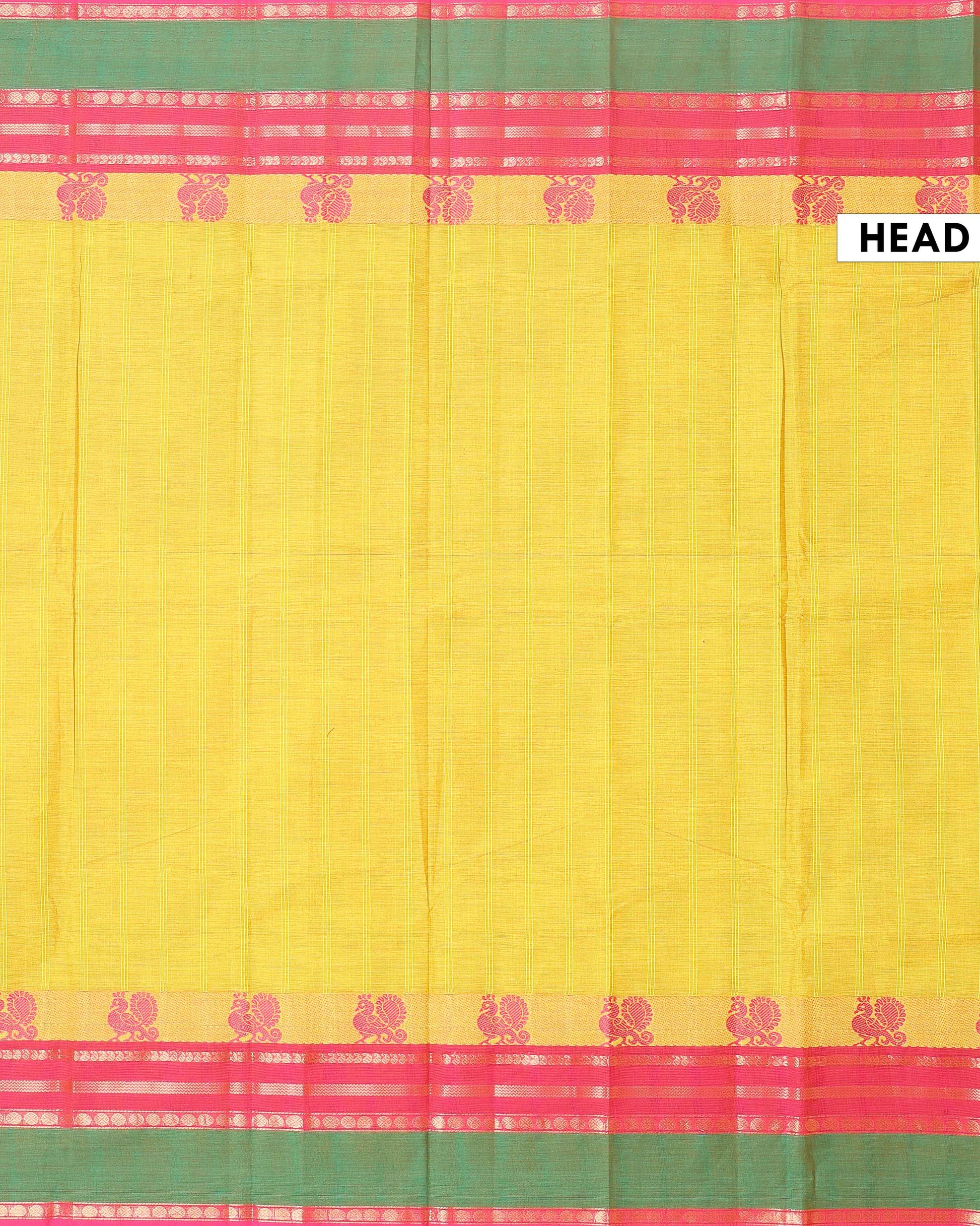 Handloom Chettinad Cotton Saree with Traditional Peacock and Temple Border - Yellow-HEAD