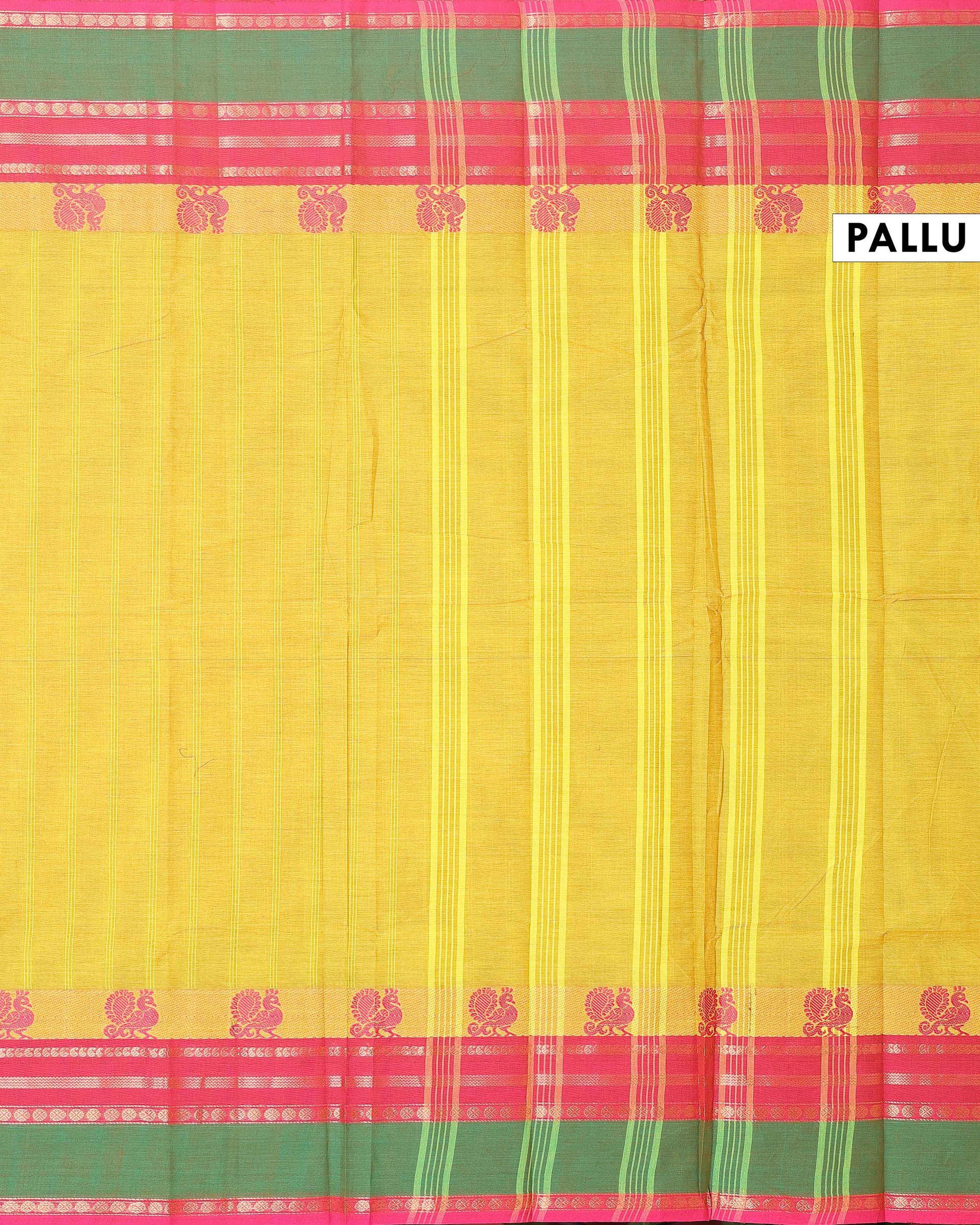 Handloom Chettinad Cotton Saree with Traditional Peacock and Temple Border - Yellow-PALLU