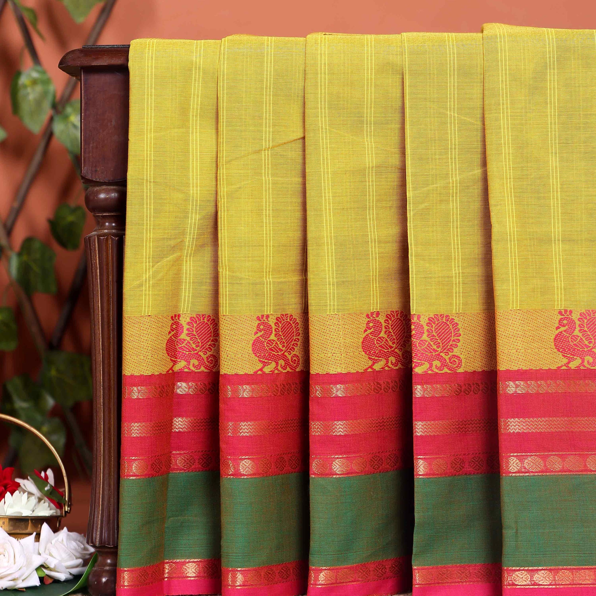 Handloom Chettinad Cotton Saree with Traditional Peacock and Temple Border - Yellow