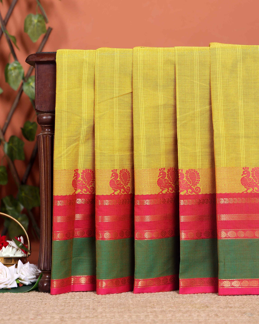 Handloom Chettinad Cotton Saree with Traditional Peacock and Temple Border - Yellow