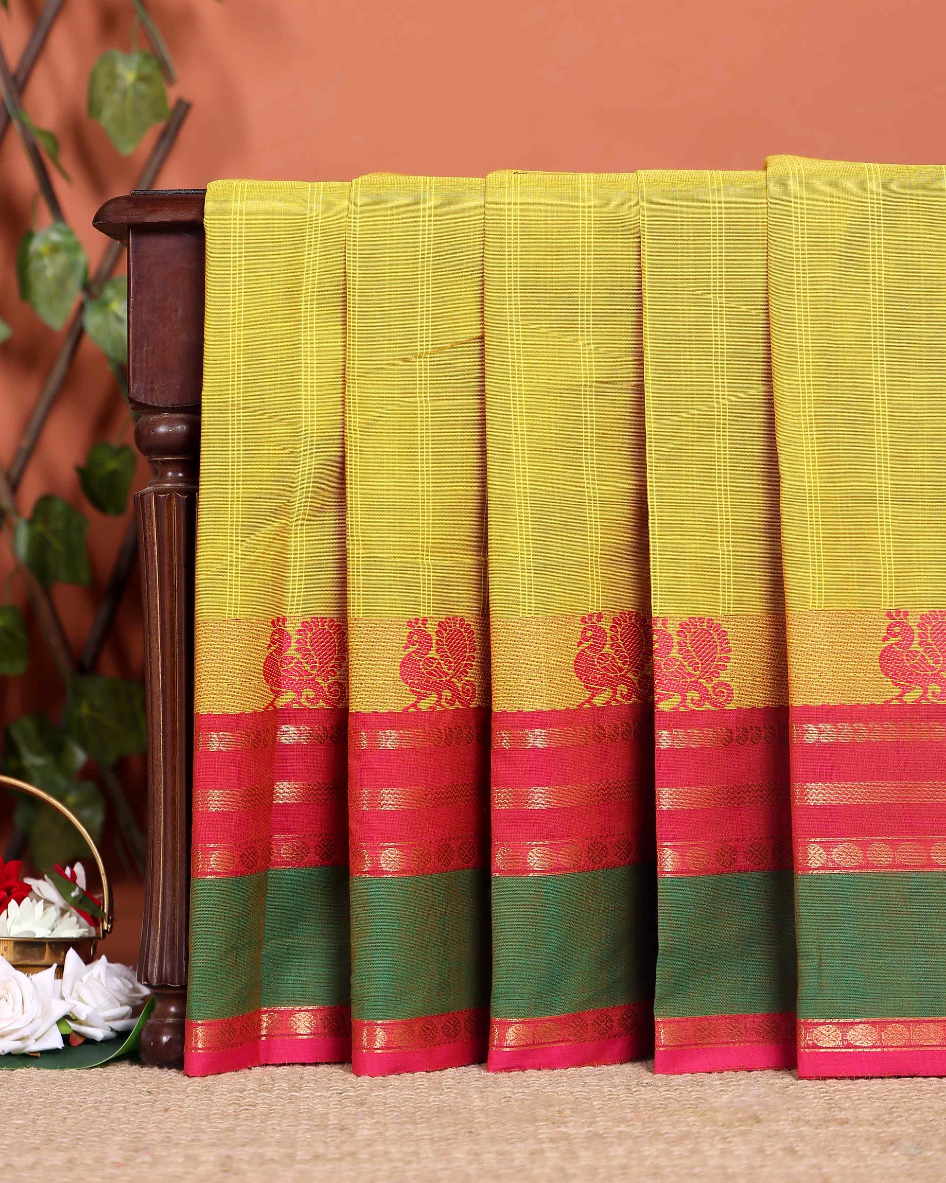 Handloom Chettinad Cotton Saree with Traditional Peacock and Temple Border - Yellow