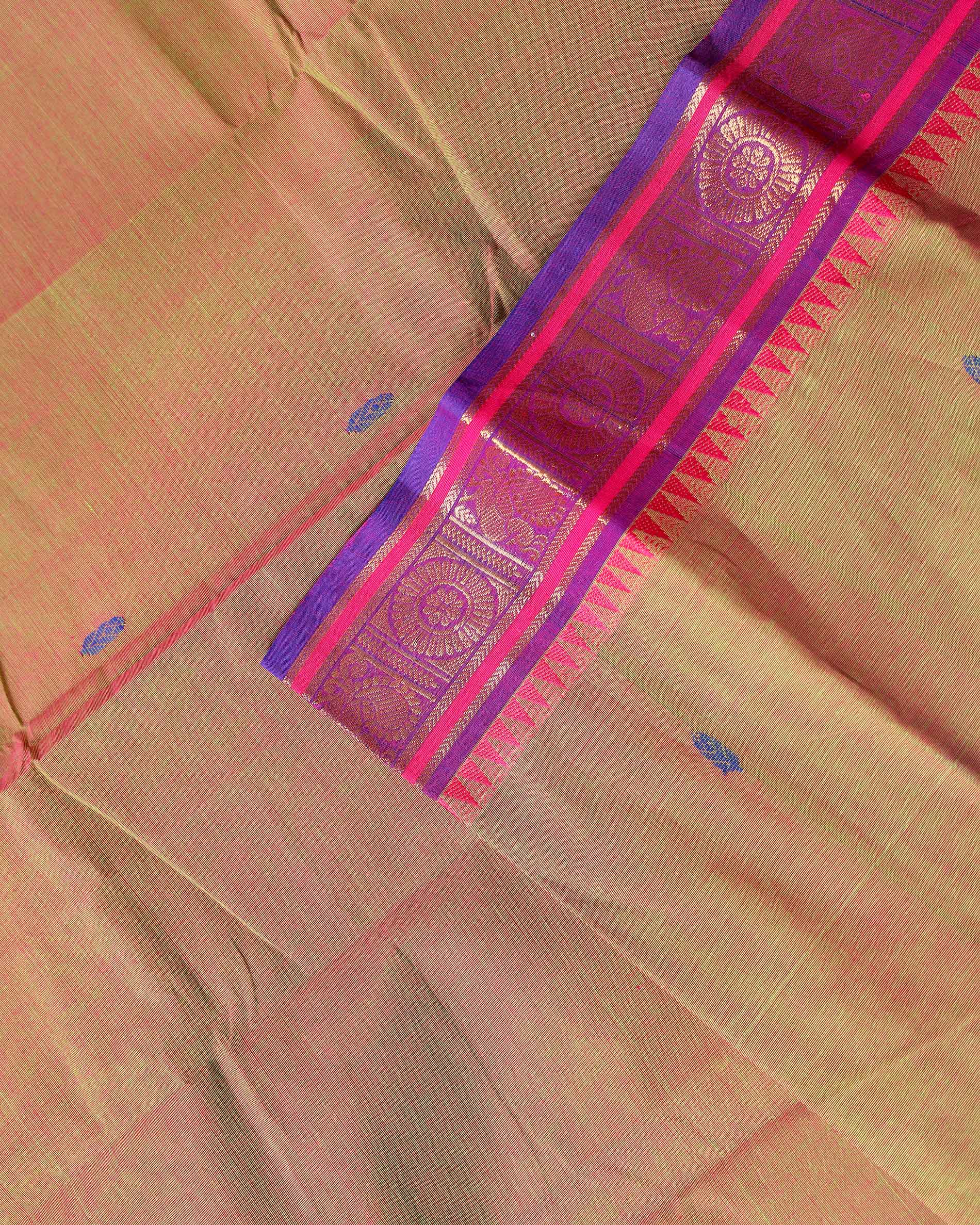 Handloom Chettinad Cotton Saree with Traditional Zari Border and Peacock Motifs - Brown
