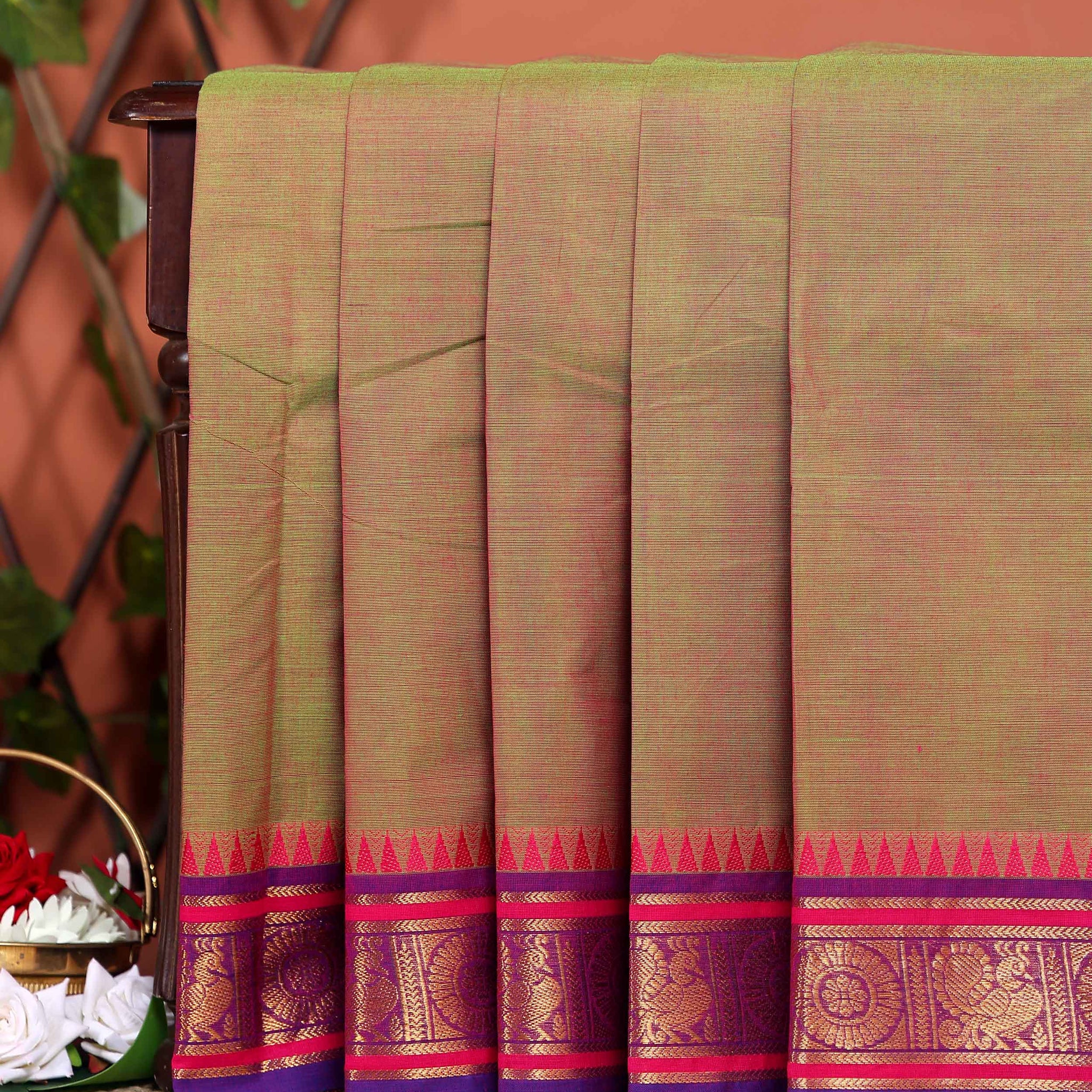 Handloom Chettinad Cotton Saree with Traditional Zari Border and Peacock Motifs - Brown