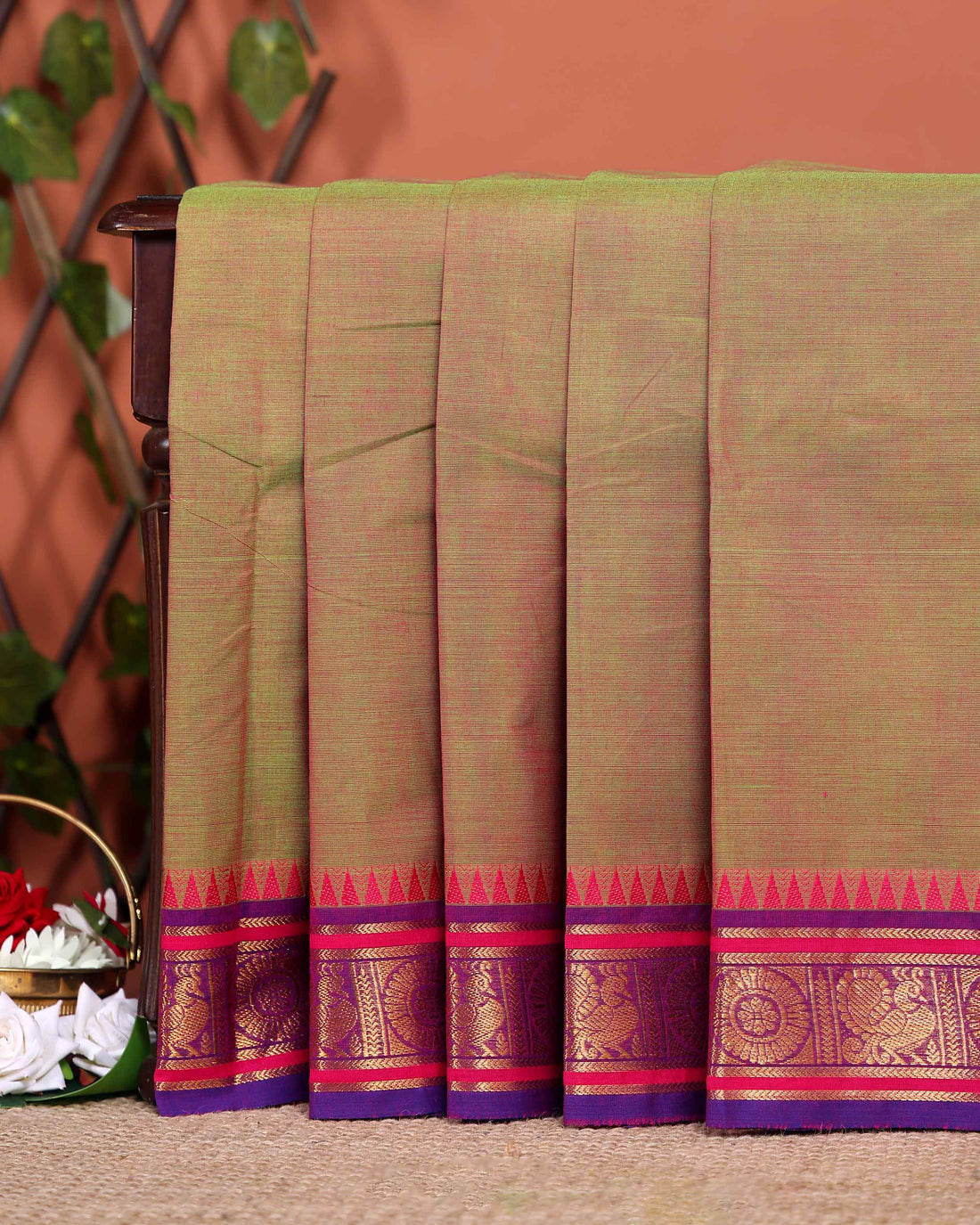 Handloom Chettinad Cotton Saree with Traditional Zari Border and Peacock Motifs - Brown