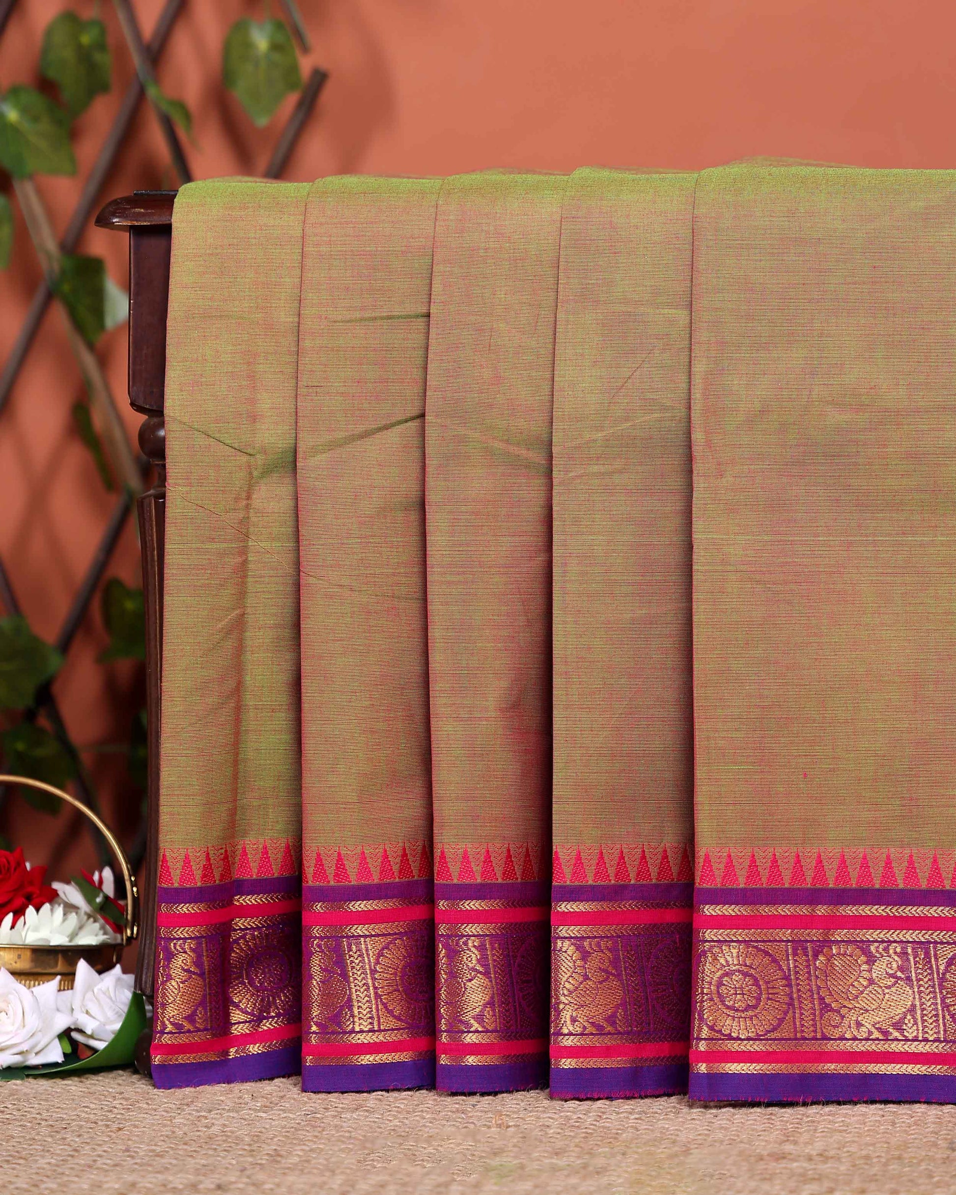 Handloom Chettinad Cotton Saree with Traditional Zari Border and Peacock Motifs - Brown