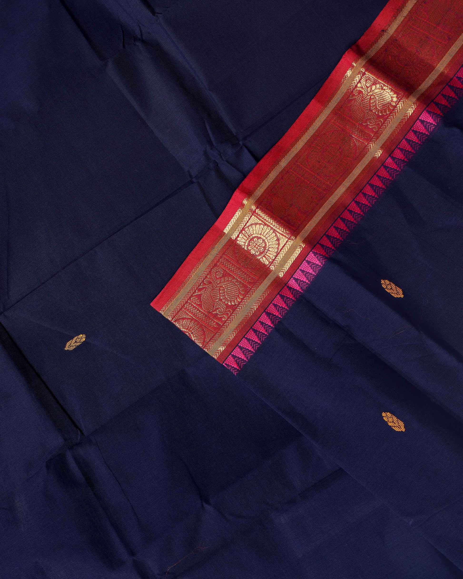 Handloom Chettinad Cotton Saree with Traditional Zari Border and Peacock Motifs - Navy Blue