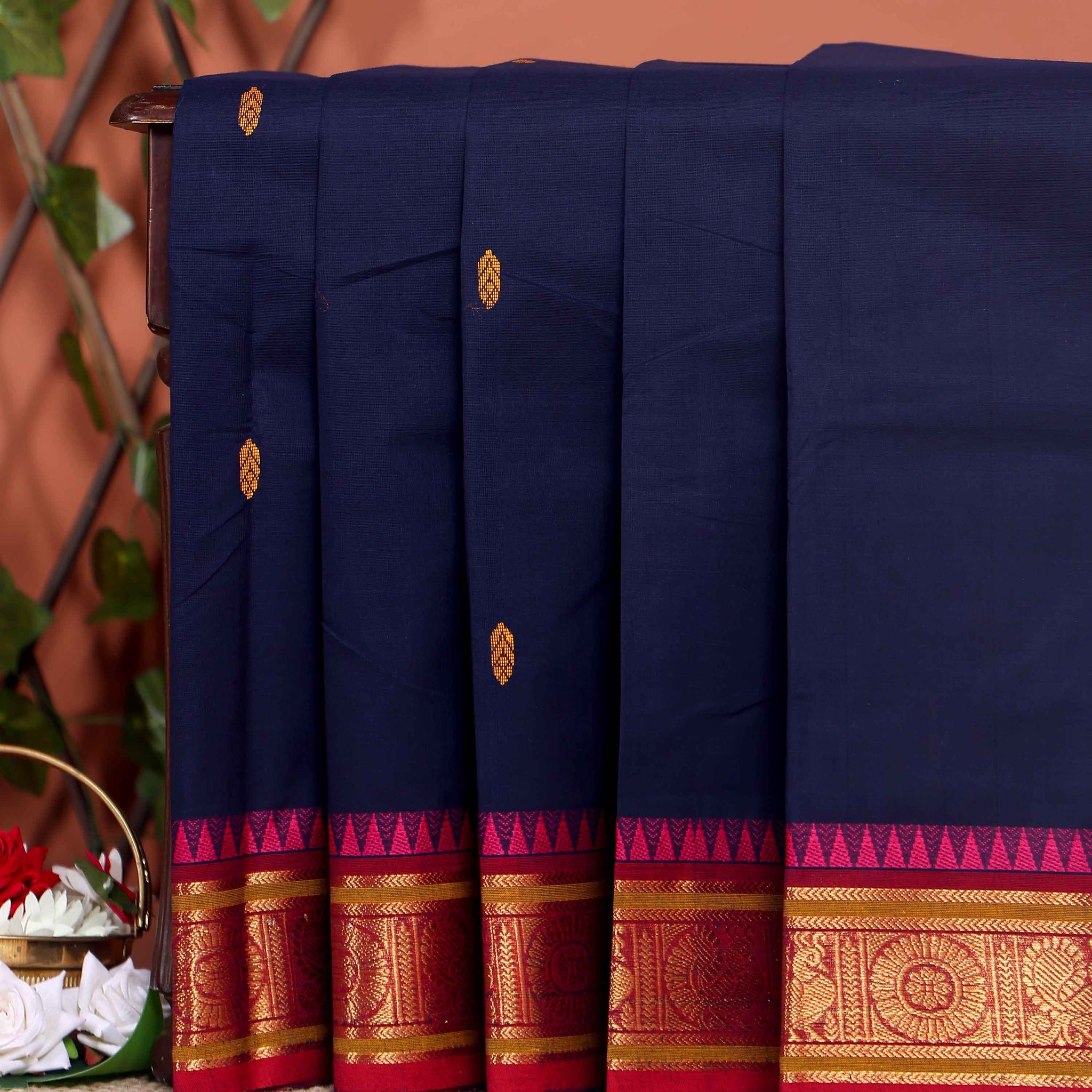 Handloom Chettinad Cotton Saree with Traditional Zari Border and Peacock Motifs - Navy Blue