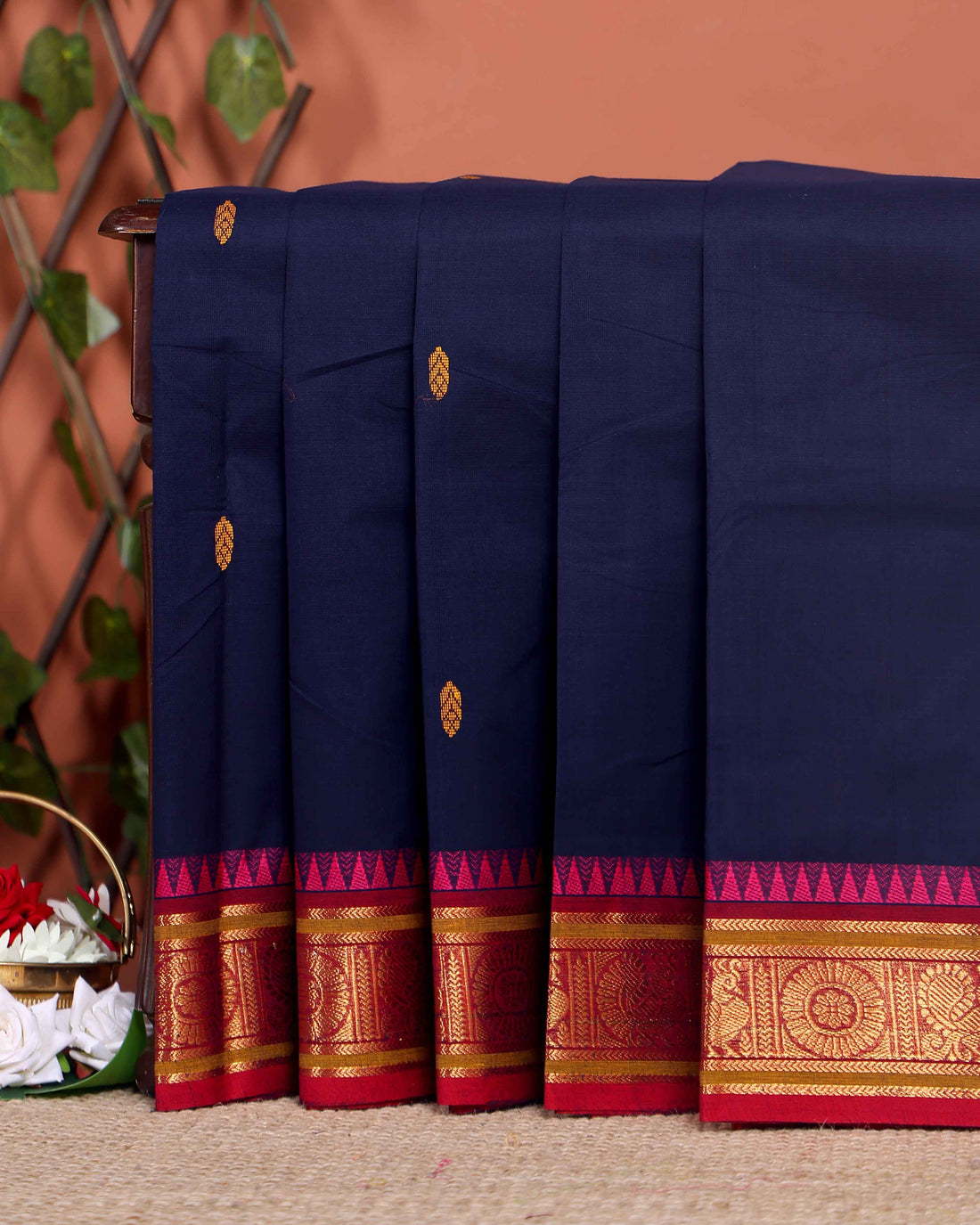 Handloom Chettinad Cotton Saree with Traditional Zari Border and Peacock Motifs - Navy Blue