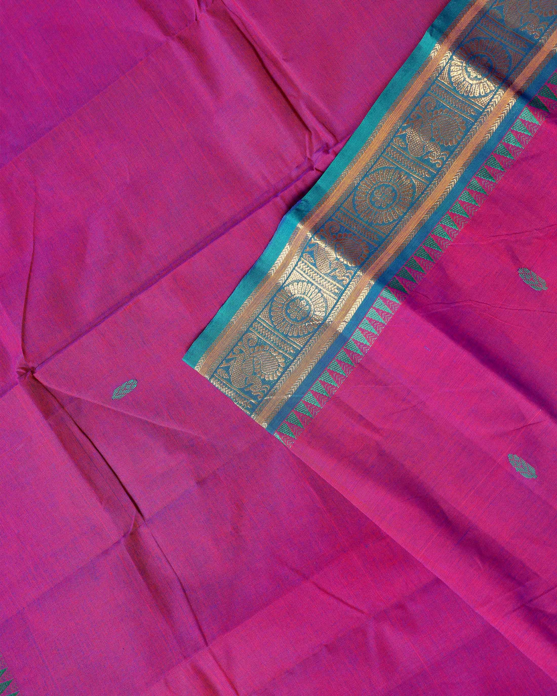 Handloom Chettinad Cotton Saree with Traditional Zari Border and Peacock Motifs - Purple