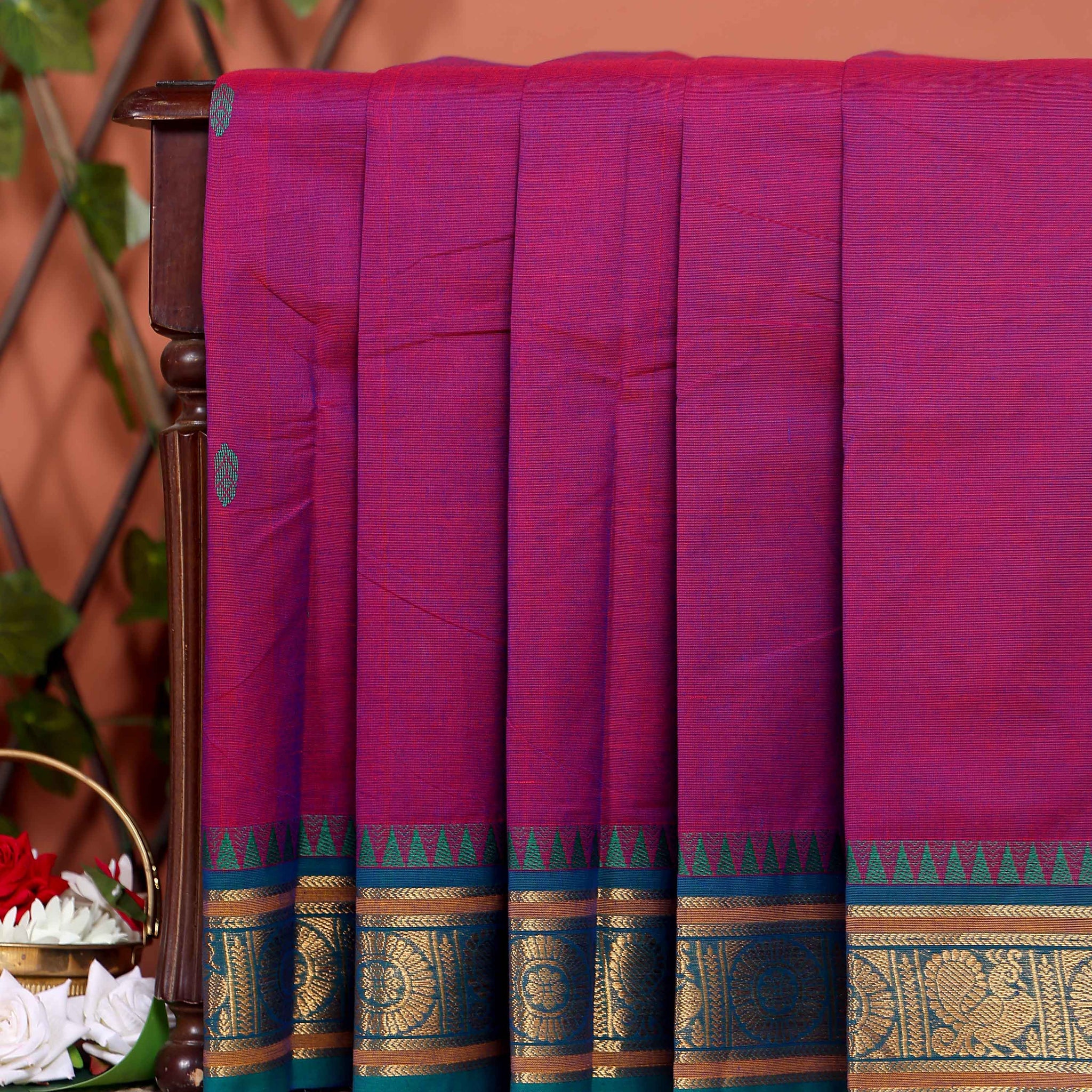 Handloom Chettinad Cotton Saree with Traditional Zari Border and Peacock Motifs - Purple