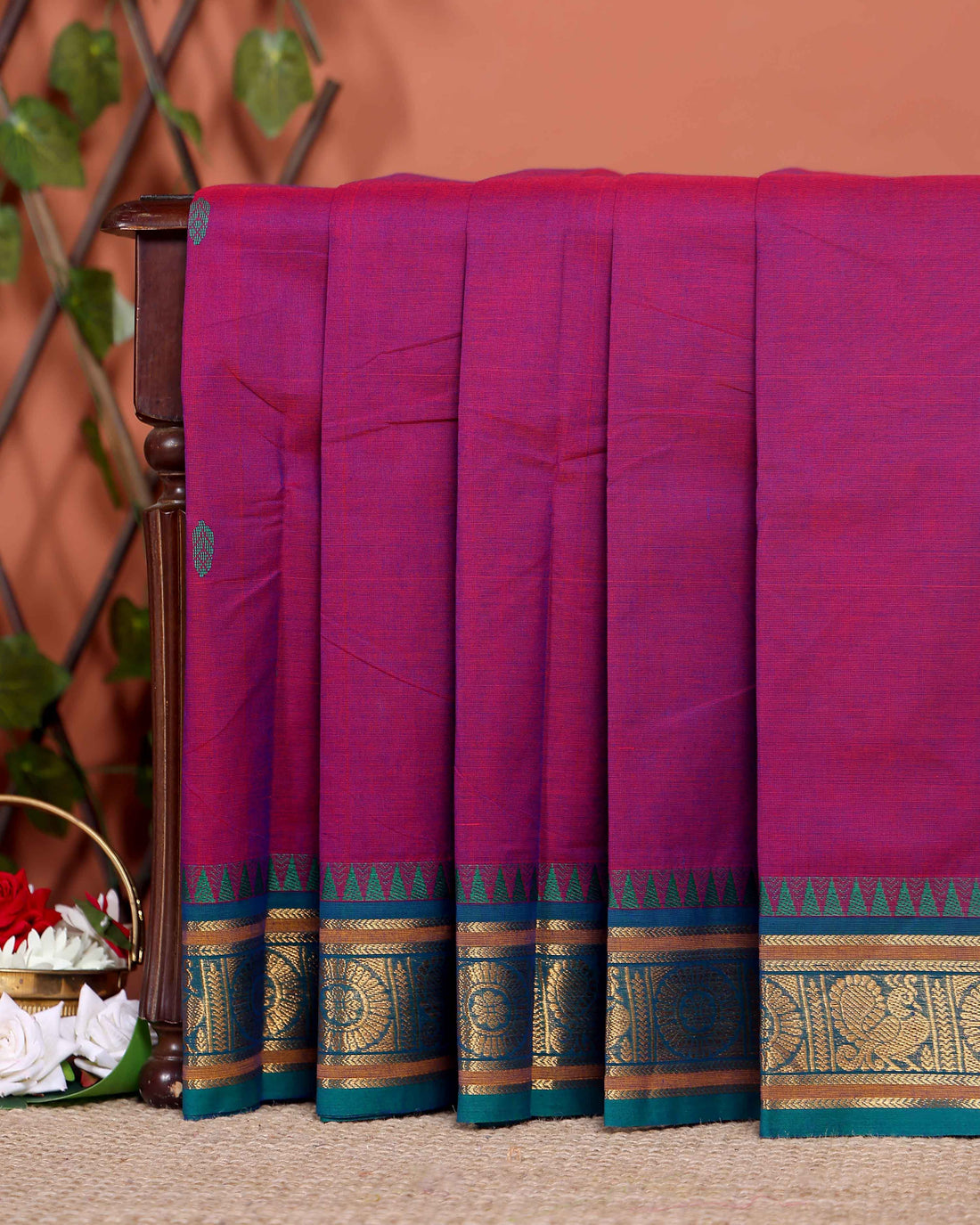 Handloom Chettinad Cotton Saree with Traditional Zari Border and Peacock Motifs - Purple
