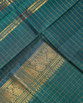 Handloom Chettinad Cotton Saree with Woven Checks and Peacock Motif - Dark Green-Close