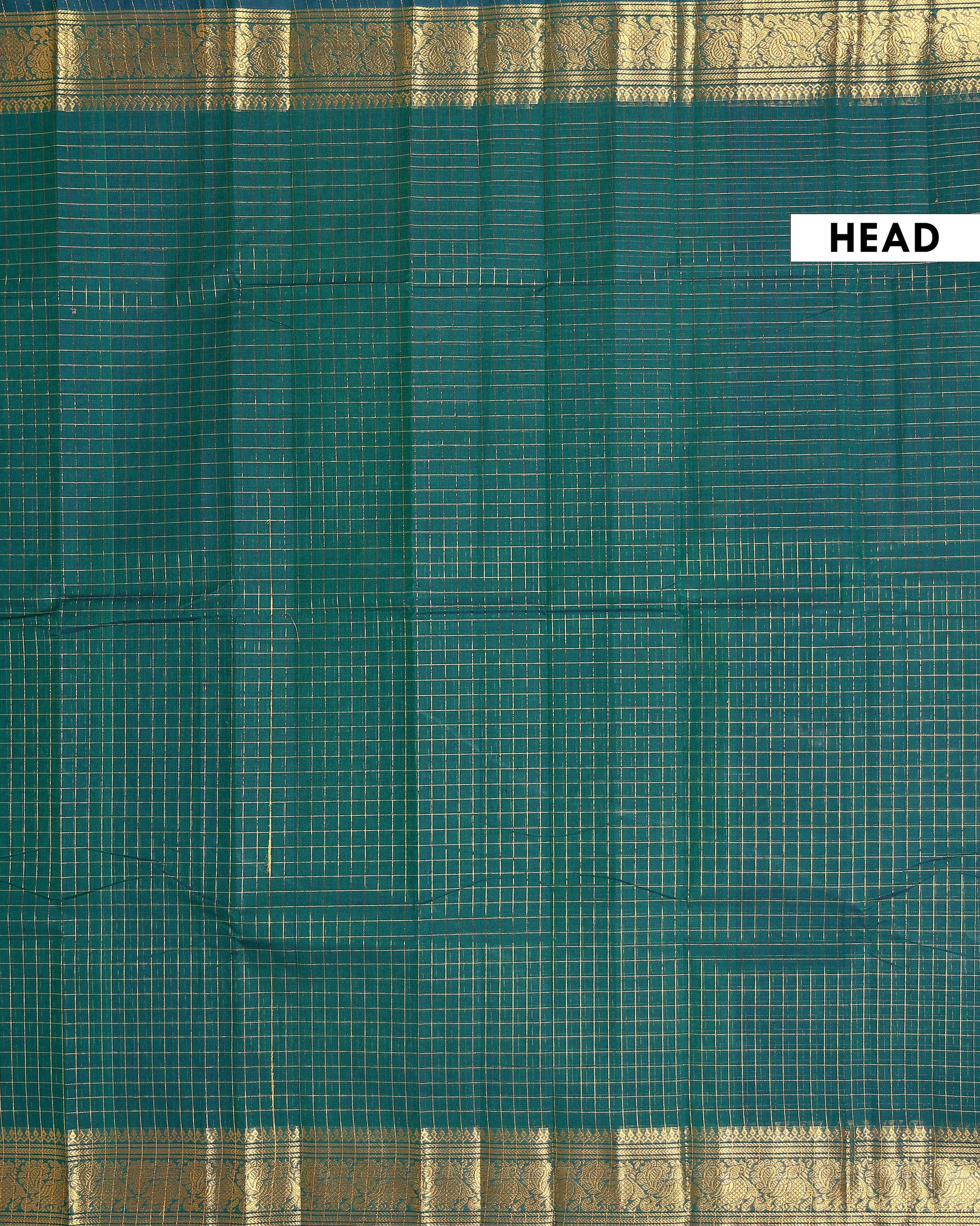 Handloom Chettinad Cotton Saree with Woven Checks and Peacock Motif - Dark Green-Head