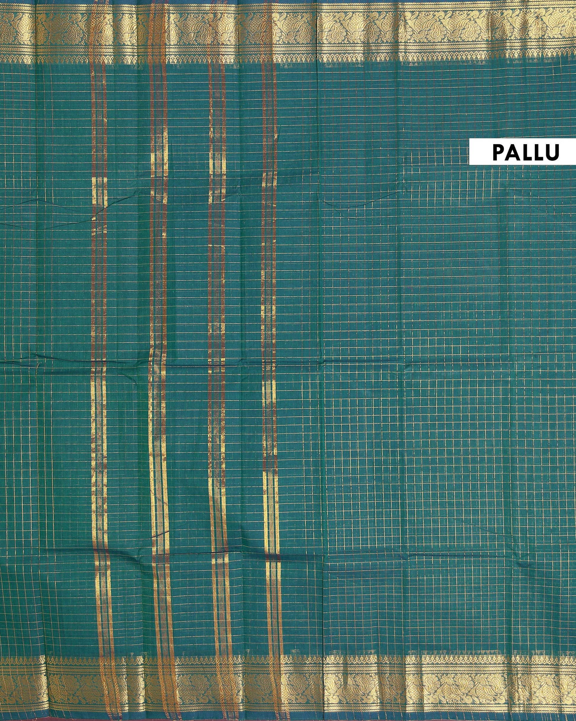 Handloom Chettinad Cotton Saree with Woven Checks and Peacock Motif - Dark Green-Pallu