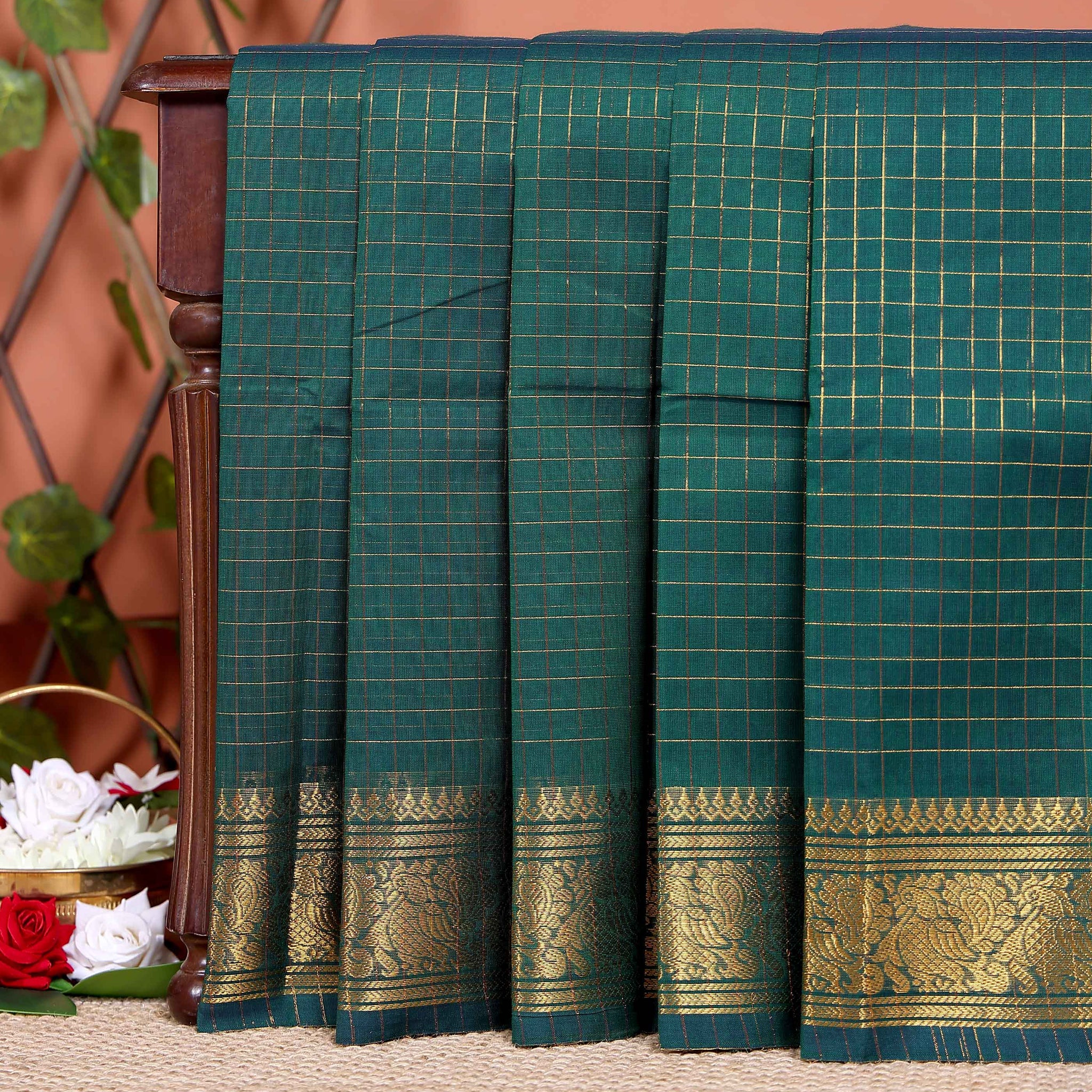 Handloom Chettinad Cotton Saree with Woven Checks and Peacock Motif - Dark Green