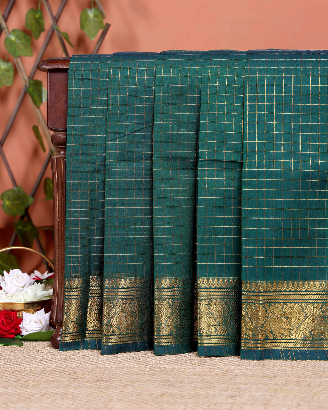 Handloom Chettinad Cotton Saree with Woven Checks and Peacock Motif - Dark Green
