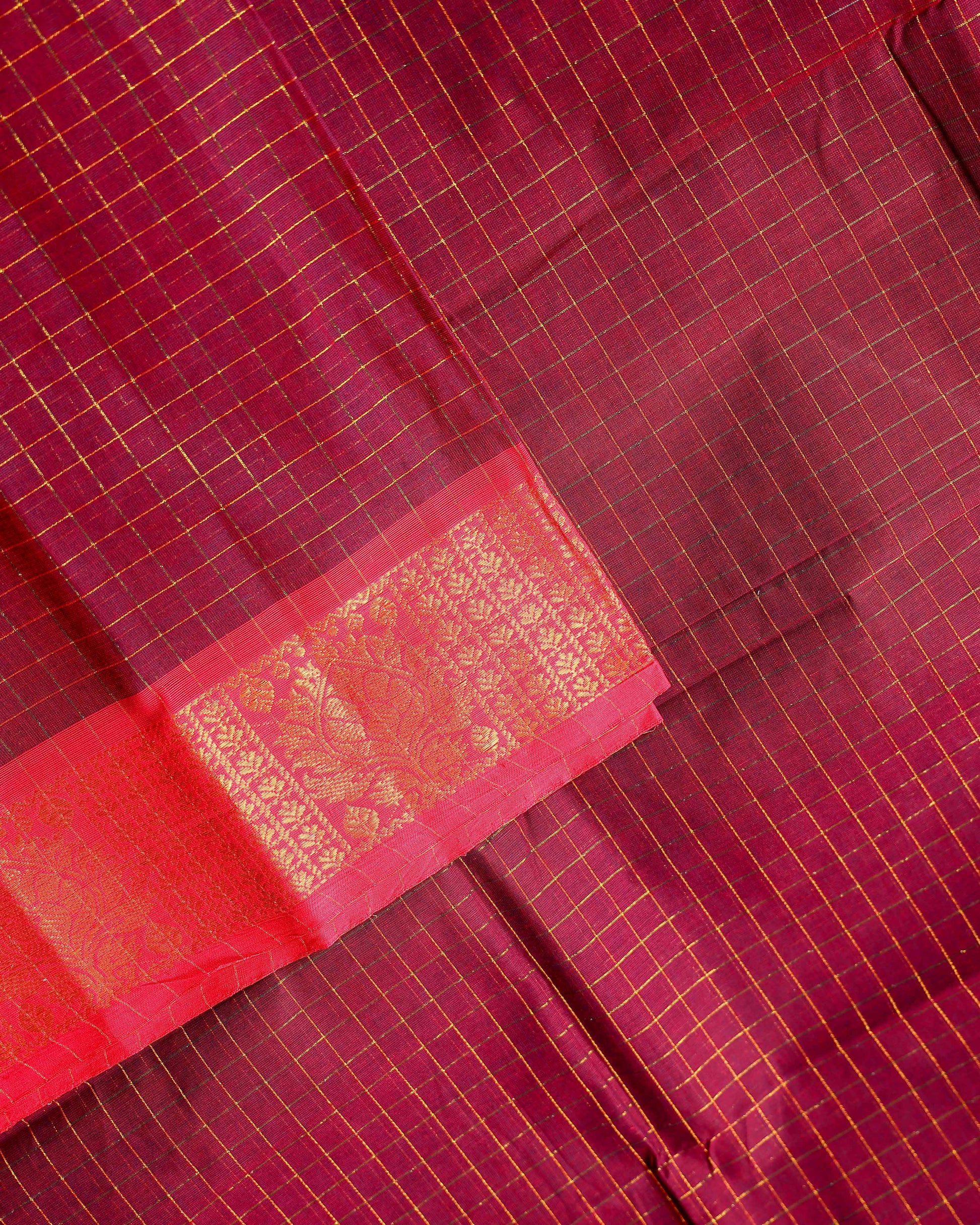 Handloom Chettinad Cotton Saree with Woven Checks and Peacock Motif - Dark Maroon-Close