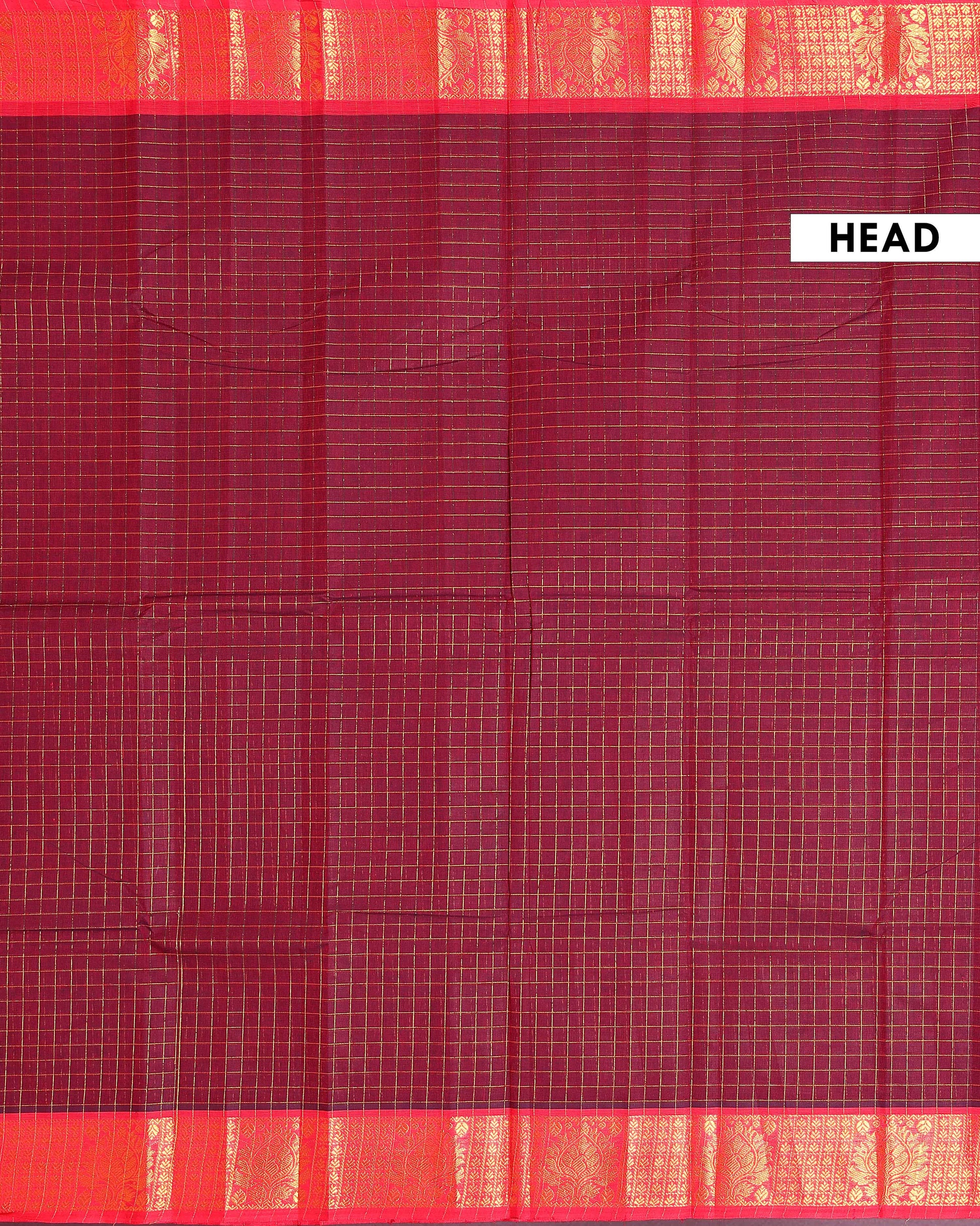 Handloom Chettinad Cotton Saree with Woven Checks and Peacock Motif - Dark Maroon-Head