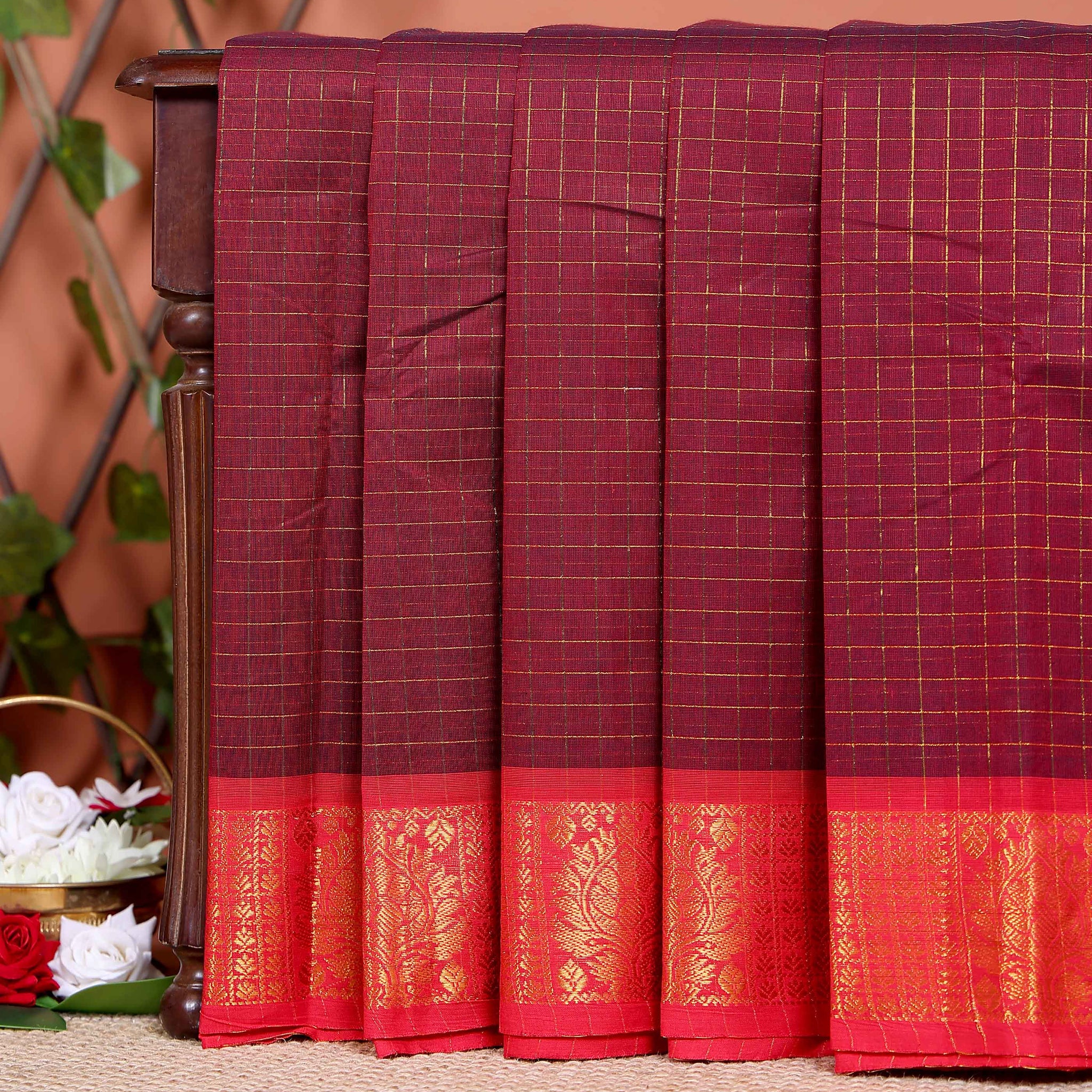 Handloom Chettinad Cotton Saree with Woven Checks and Peacock Motif - Dark Maroon