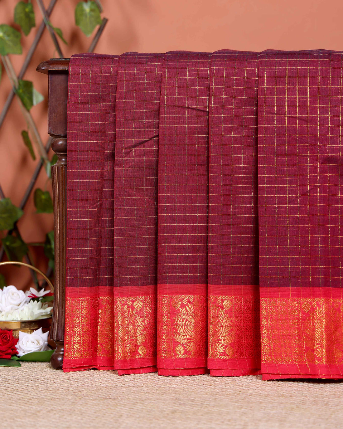 Handloom Chettinad Cotton Saree with Woven Checks and Peacock Motif - Dark Maroon