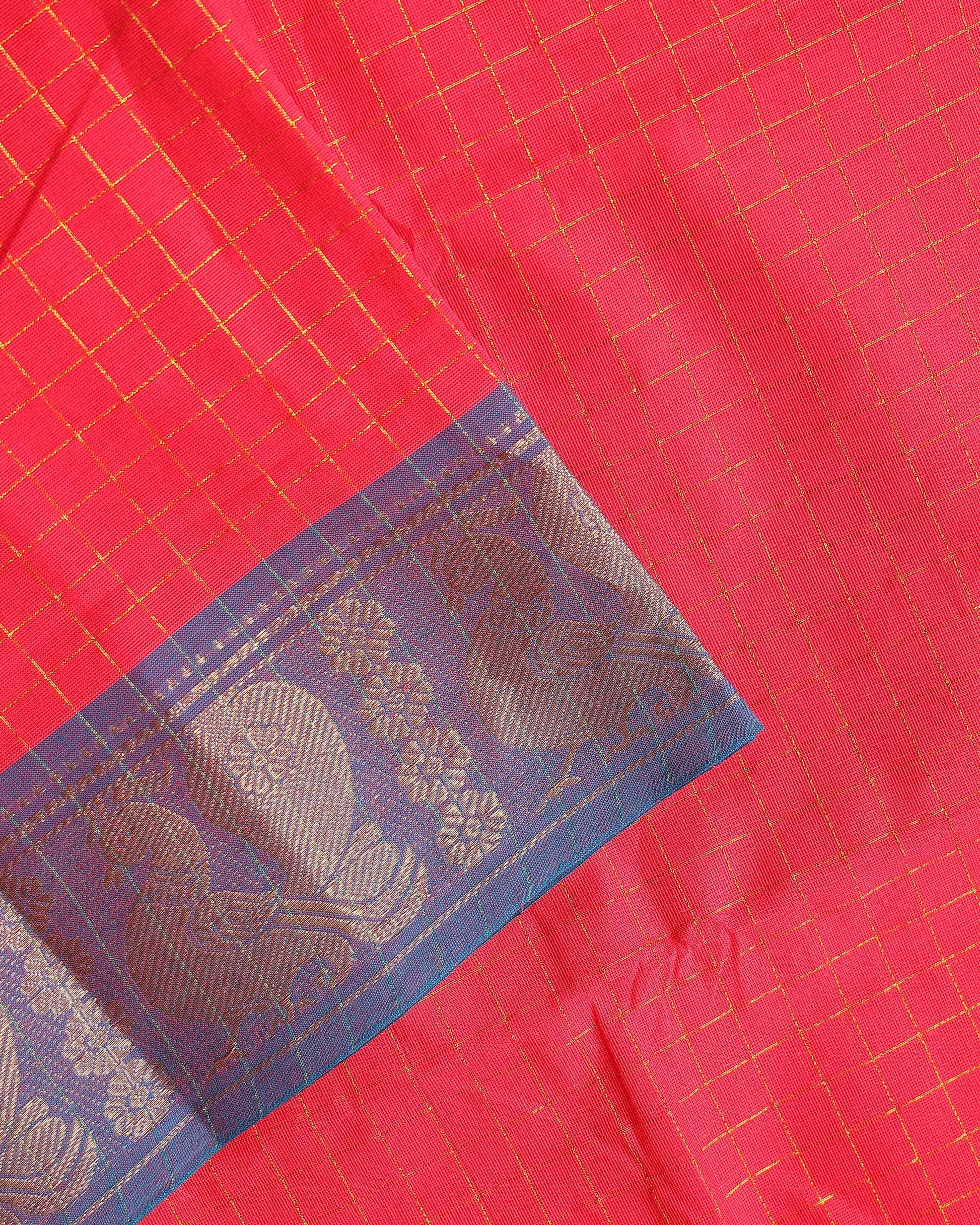 
Handloom Chettinad Cotton Saree with Woven Checks and Peacock Motif - Dark Orange-Close
