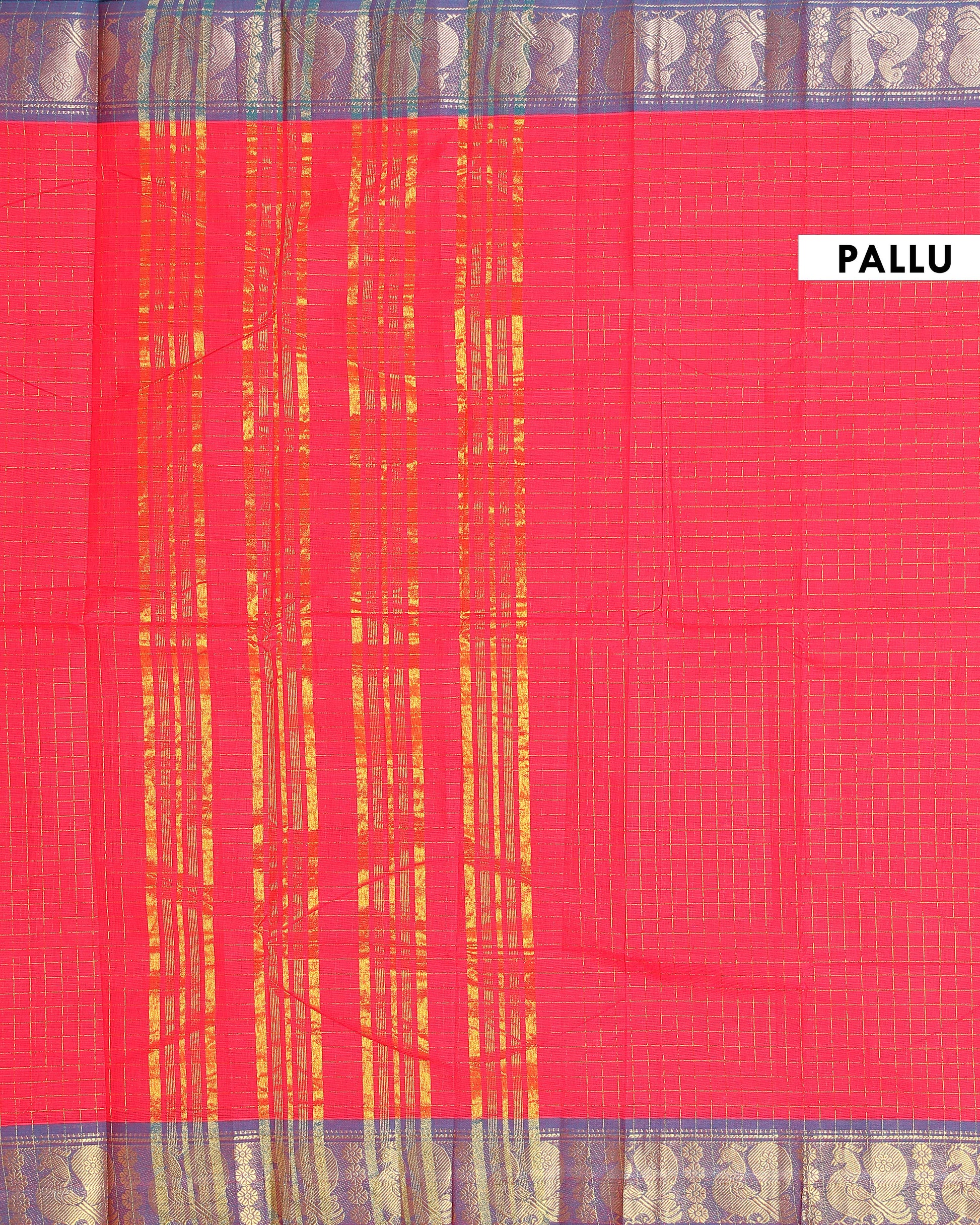 Handloom Chettinad Cotton Saree with Woven Checks and Peacock Motif - Dark Orange-Pallu
