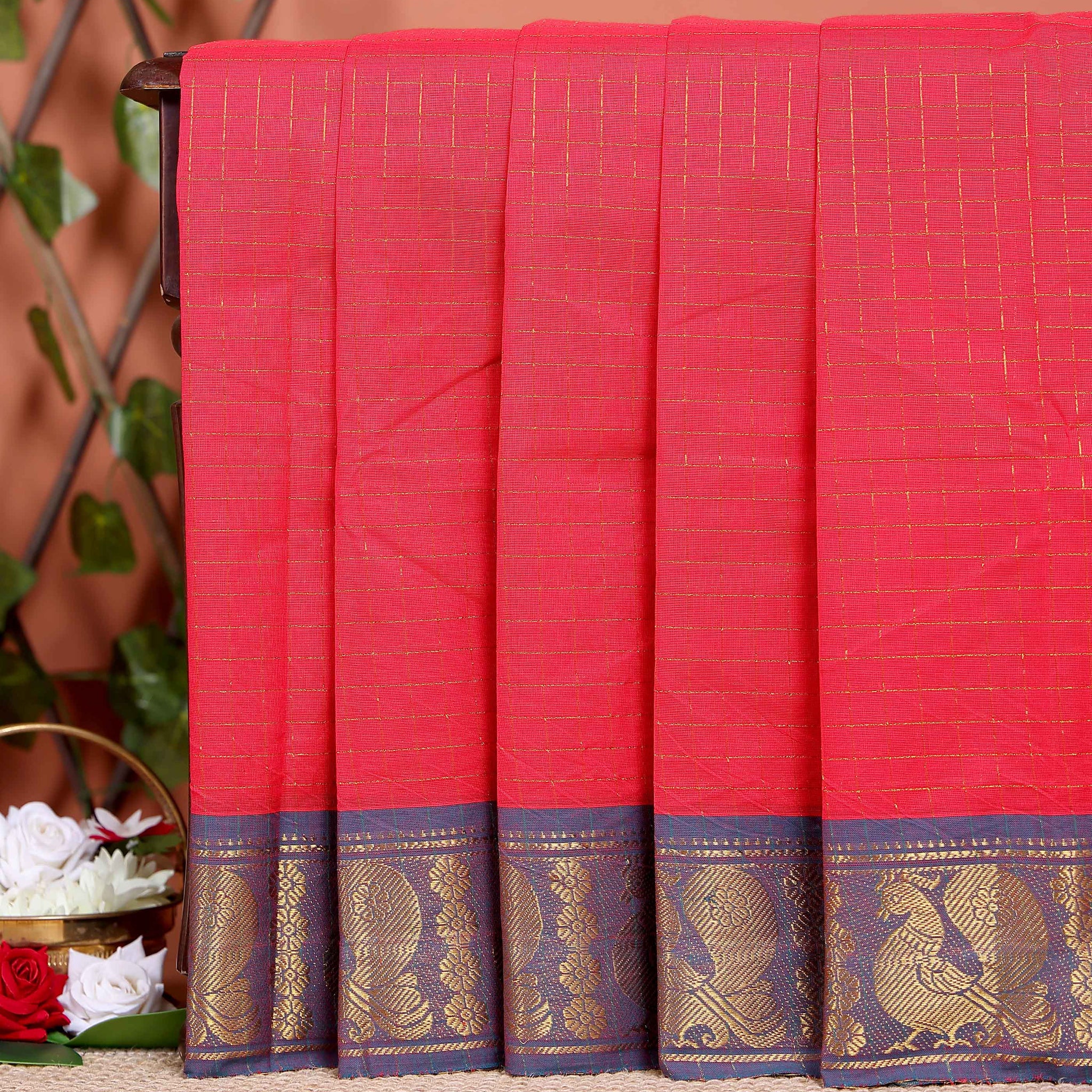 Handloom Chettinad Cotton Saree with Woven Checks and Peacock Motif - Dark Orange