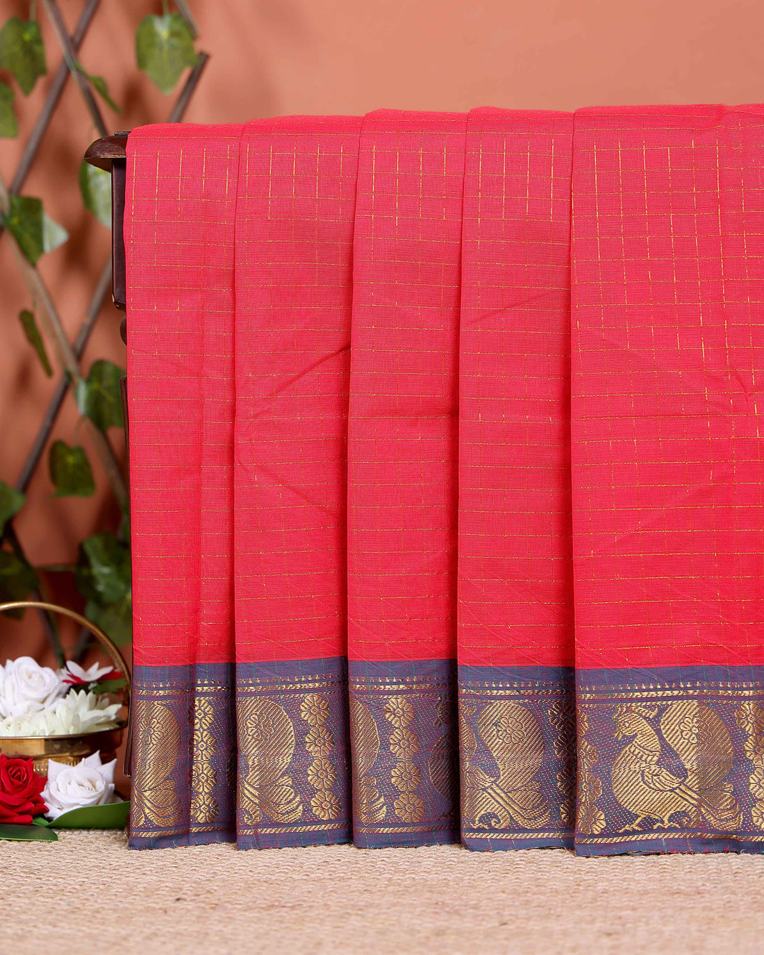 Handloom Chettinad Cotton Saree with Woven Checks and Peacock Motif - Dark Orange