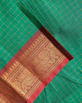 Handloom Chettinad Cotton Saree with Woven Checks and Peacock Motif - Green--Close