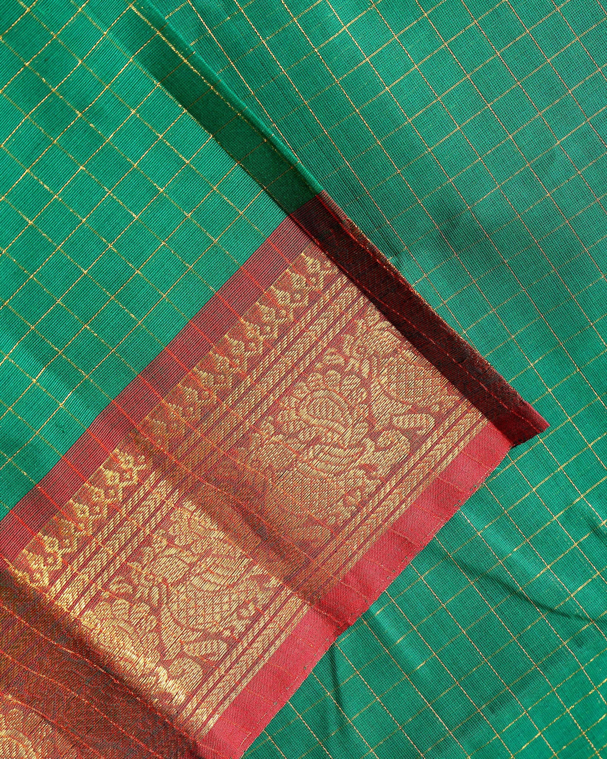 Handloom Chettinad Cotton Saree with Woven Checks and Peacock Motif - Green--Close