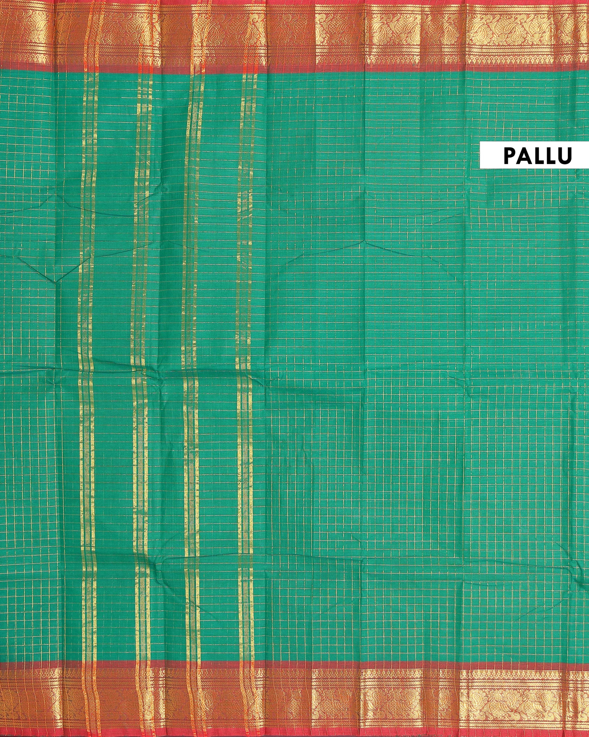 Handloom Chettinad Cotton Saree with Woven Checks and Peacock Motif - Green--pallu