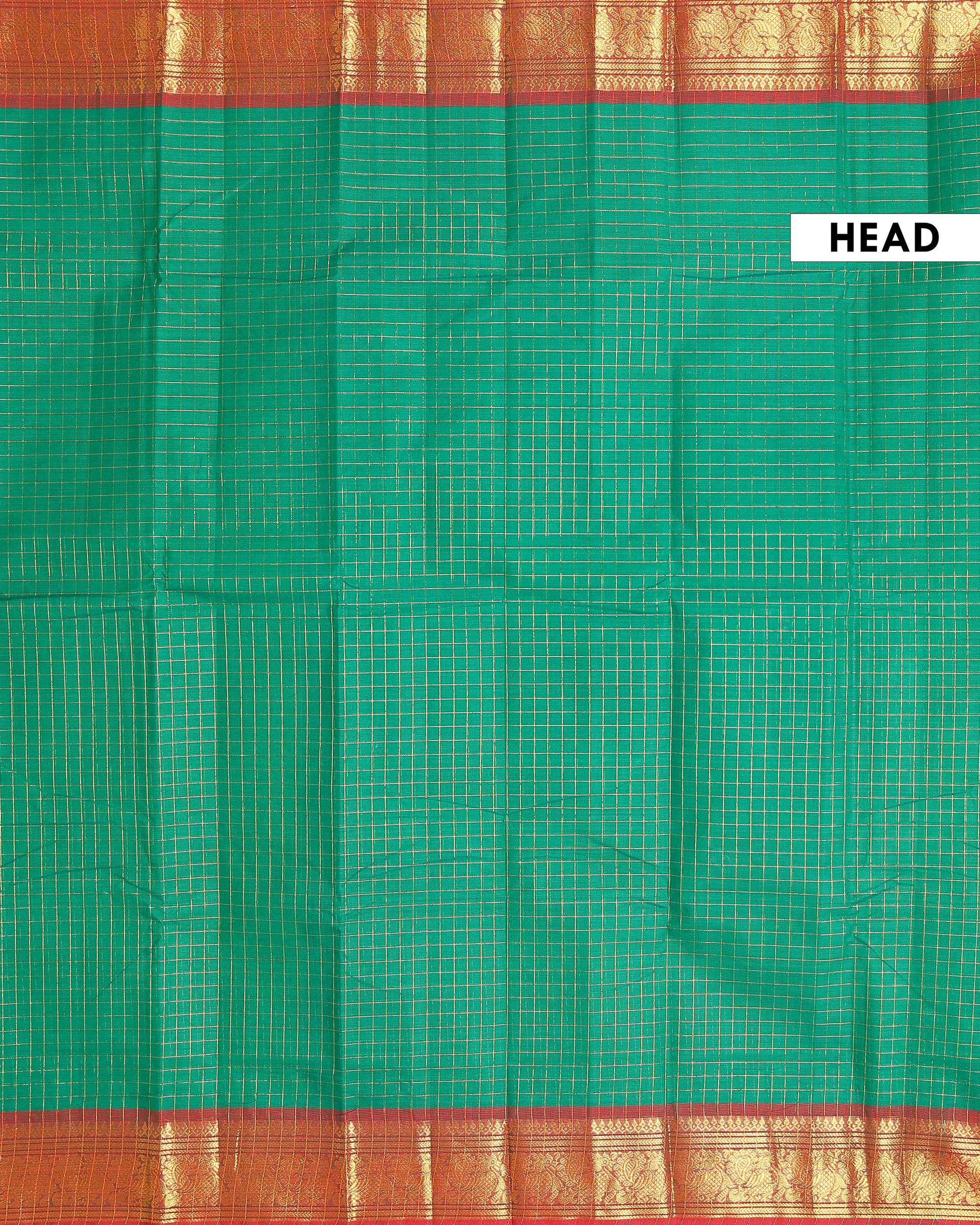 Handloom Chettinad Cotton Saree with Woven Checks and Peacock Motif - Green-Head