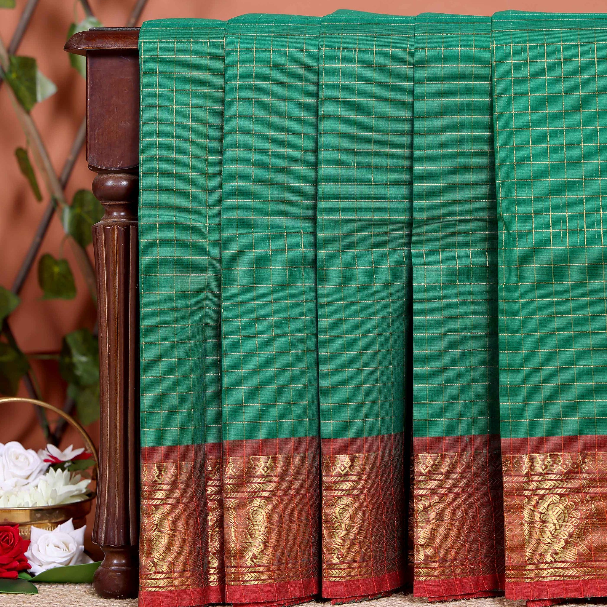 Handloom Chettinad Cotton Saree with Woven Checks and Peacock Motif - Green