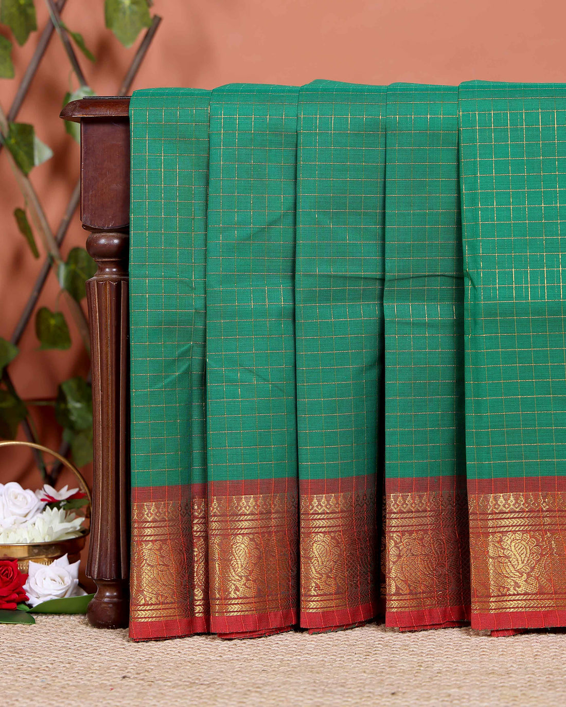 Handloom Chettinad Cotton Saree with Woven Checks and Peacock Motif - Green