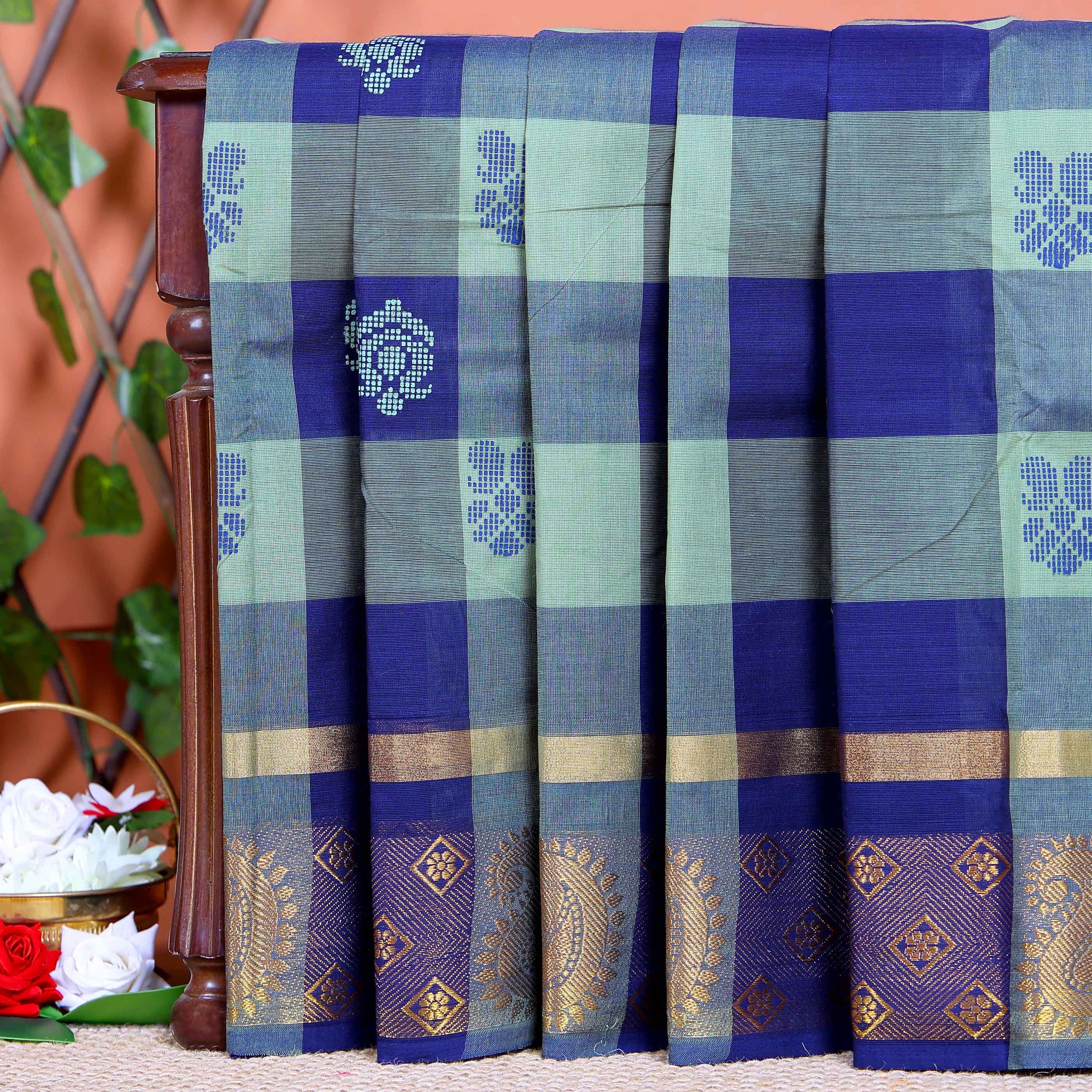 Handloom Chettinad Handloom Saree with Temple Border and Traditional Motifs - Multi