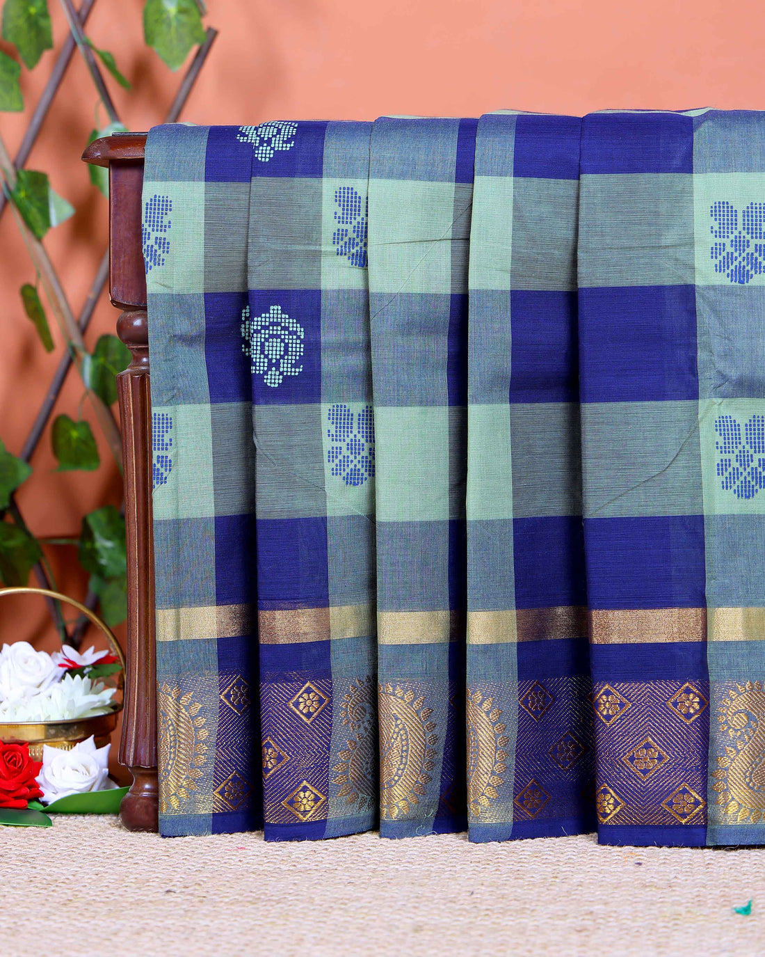 Handloom Chettinad Handloom Saree with Temple Border and Traditional Motifs - Multi