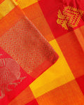 Handloom Chettinad Saree Handwoven with Classic Checks and Contrasting Jacquard Motifs - Multi-Head-Close