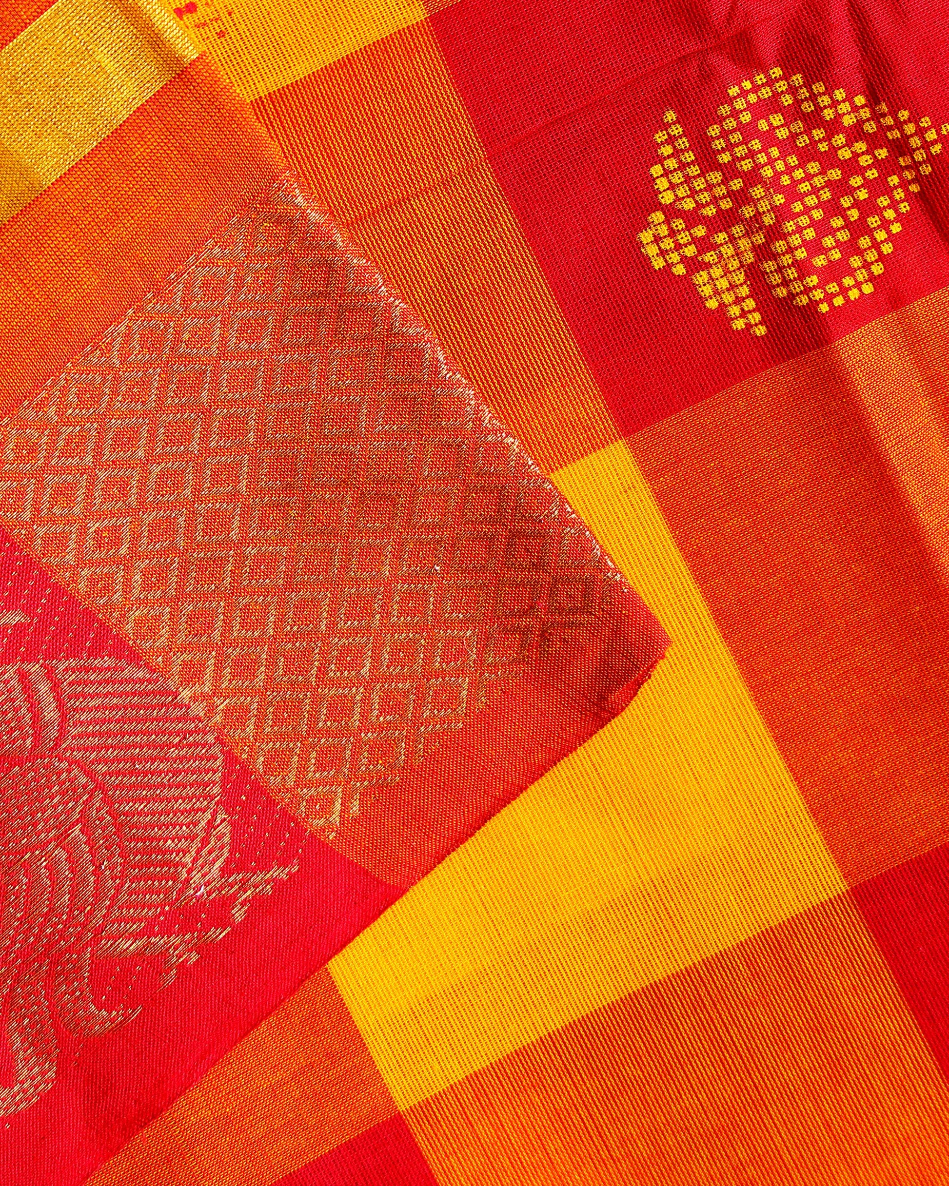 Handloom Chettinad Saree Handwoven with Classic Checks and Contrasting Jacquard Motifs - Multi-Head-Close