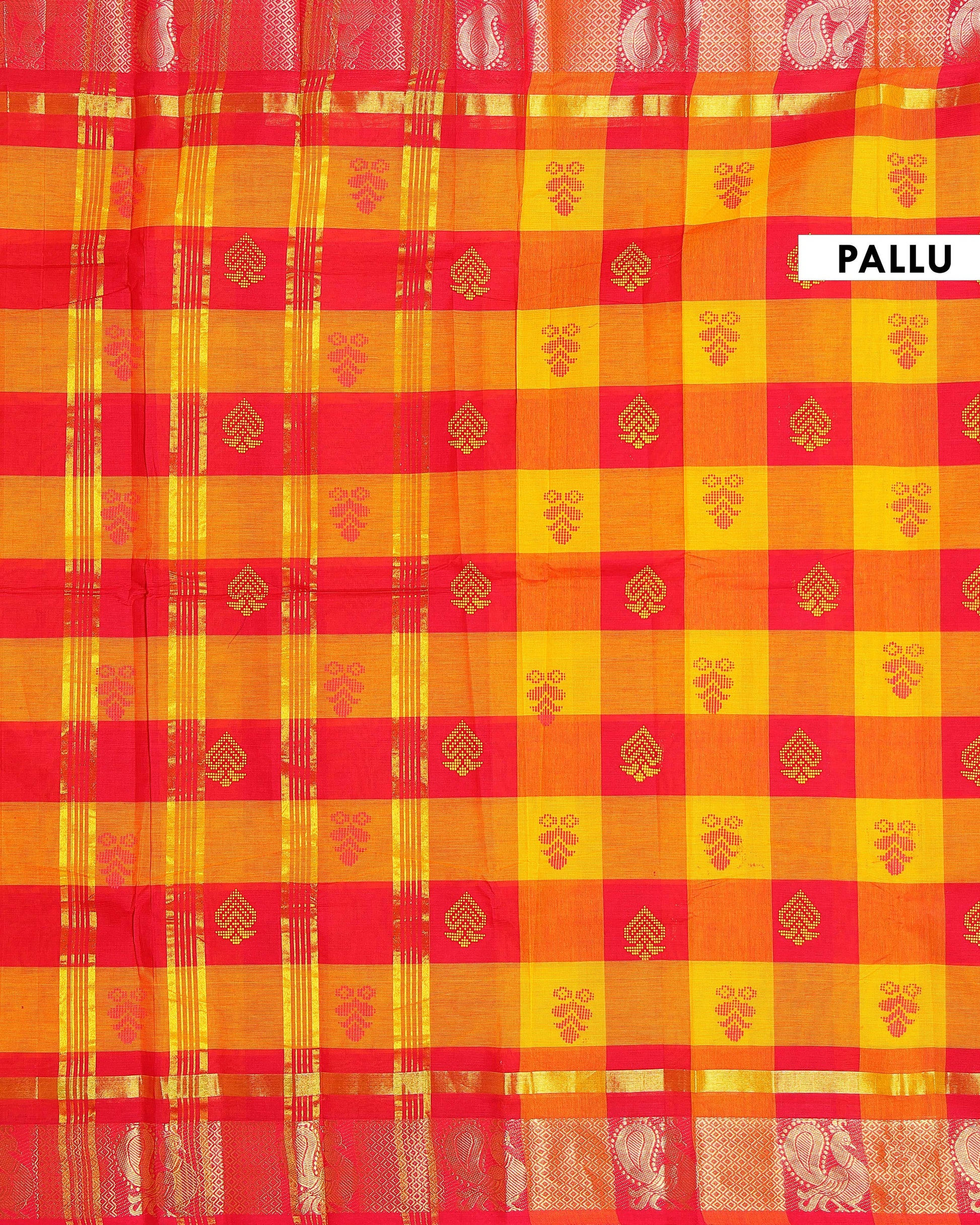 Handloom Chettinad Saree Handwoven with Classic Checks and Contrasting Jacquard Motifs - Multi-Head-PALLU