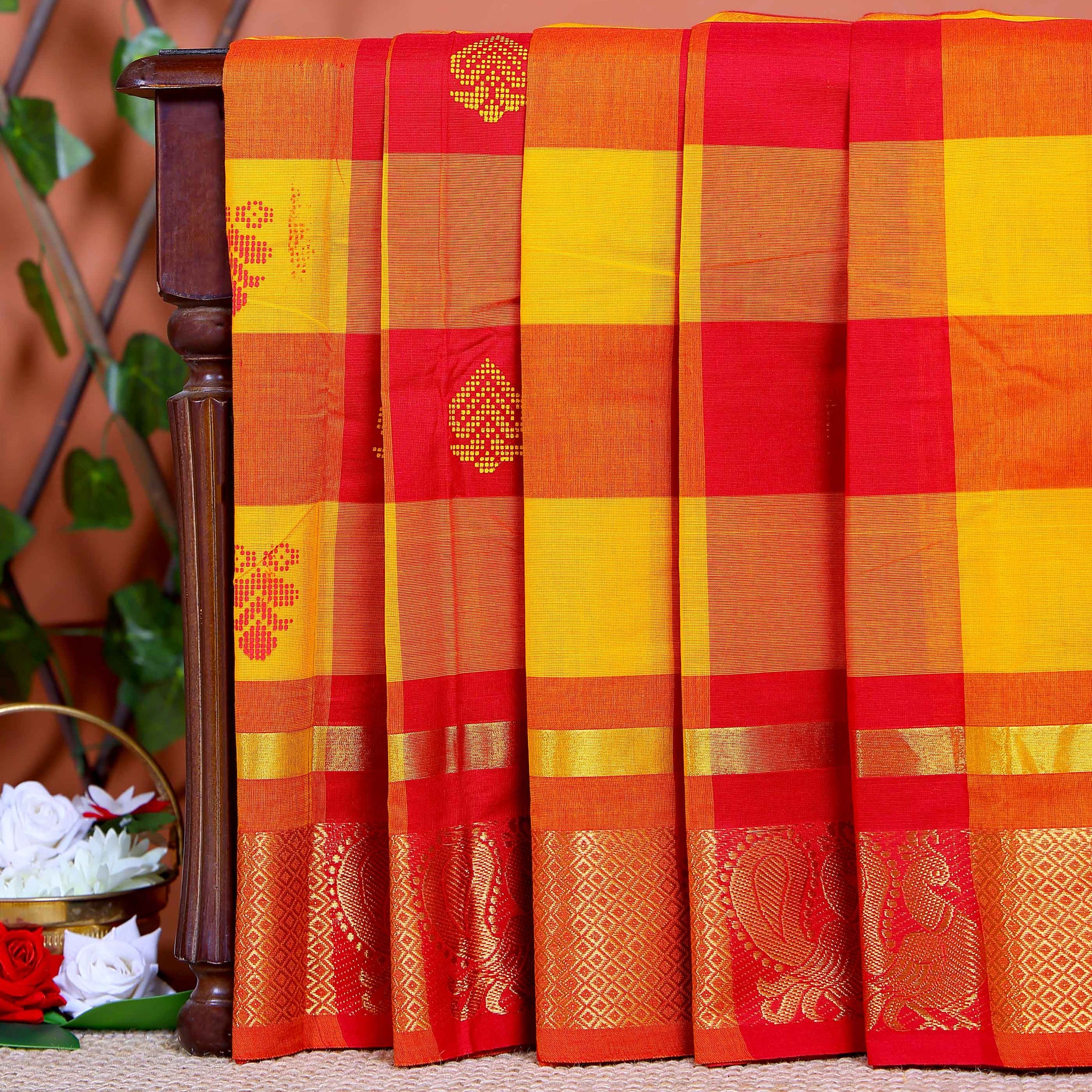 Handloom Chettinad Saree Handwoven with Classic Checks and Contrasting Jacquard Motifs - Multi
