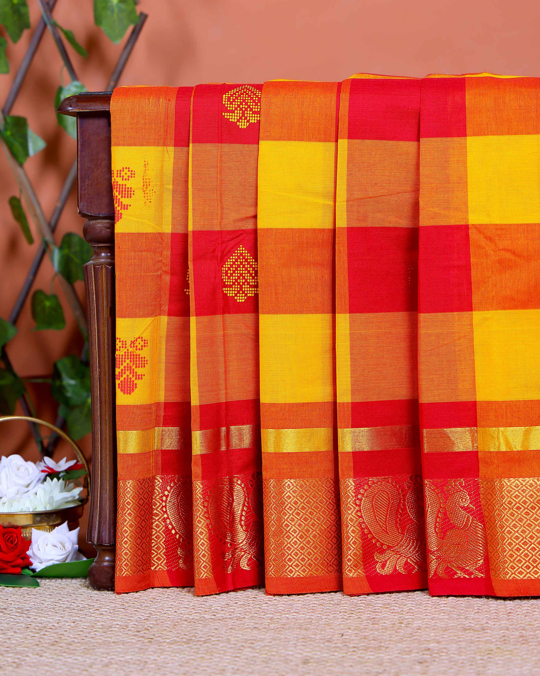 Handloom Chettinad Saree Handwoven with Classic Checks and Contrasting Jacquard Motifs - Multi