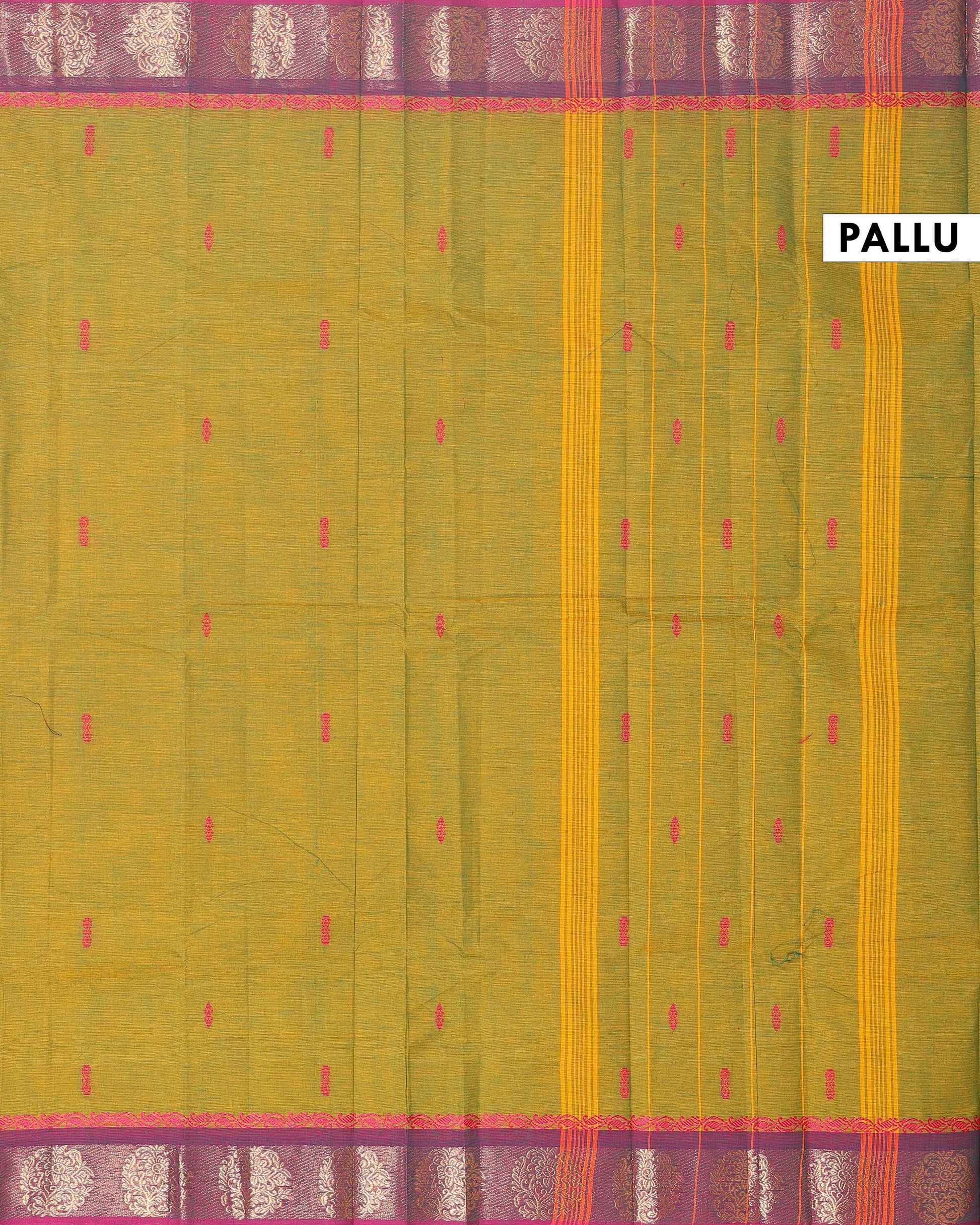 Handloom Chettinad Saree with Contrast Border and Paisley Designs - Olive Green