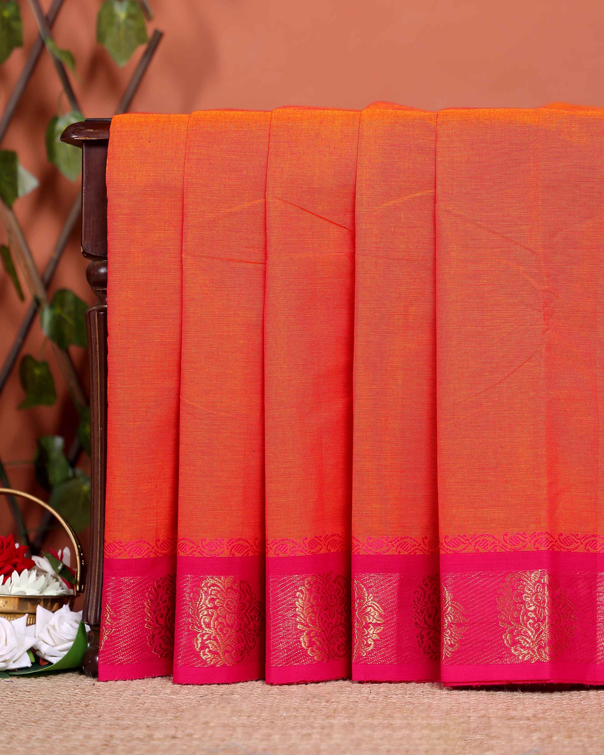 Handloom Chettinad Saree with Contrast Border and Paisley Designs - Orange