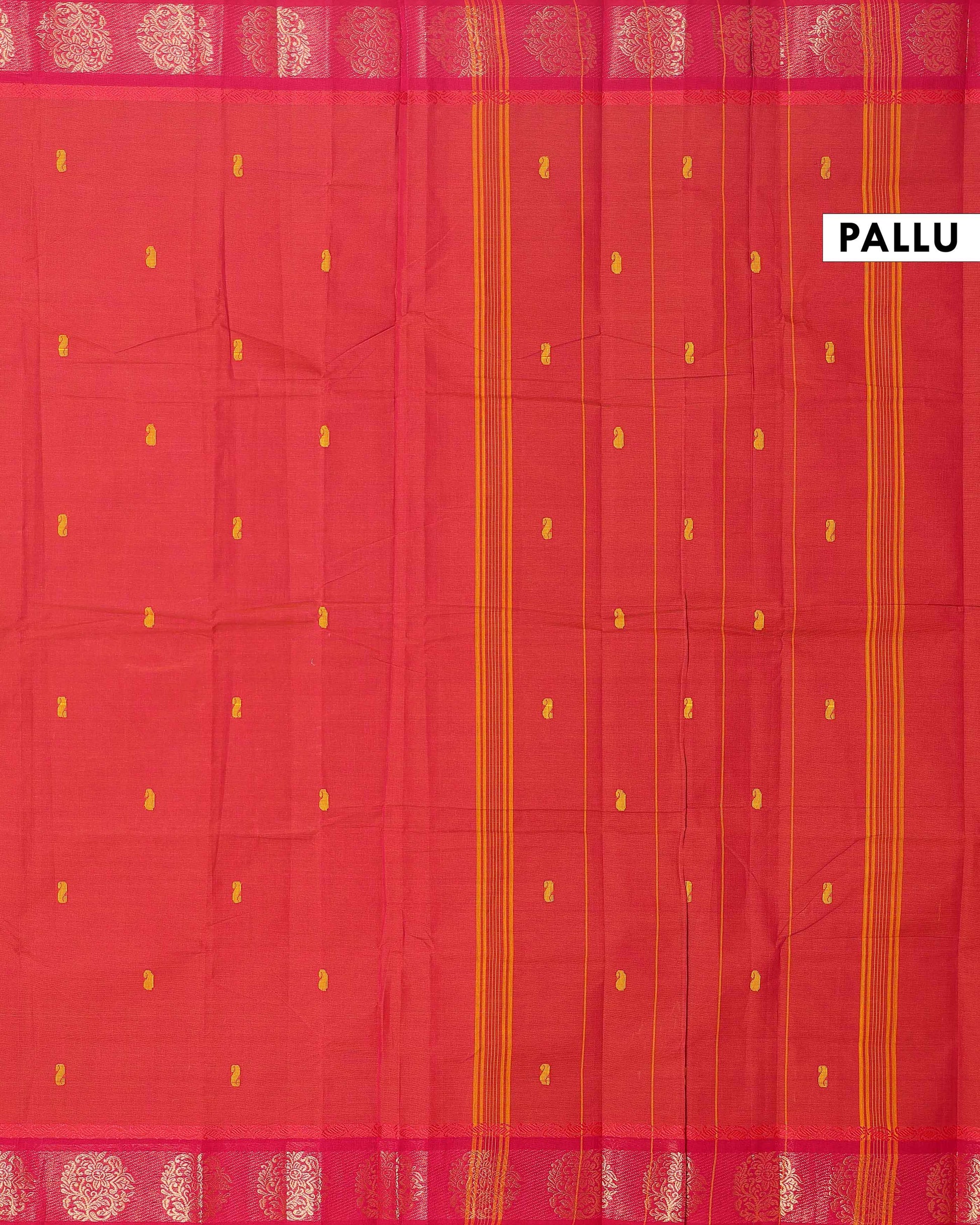 Handloom Chettinad Saree with Contrast Border and Paisley Designs - Red