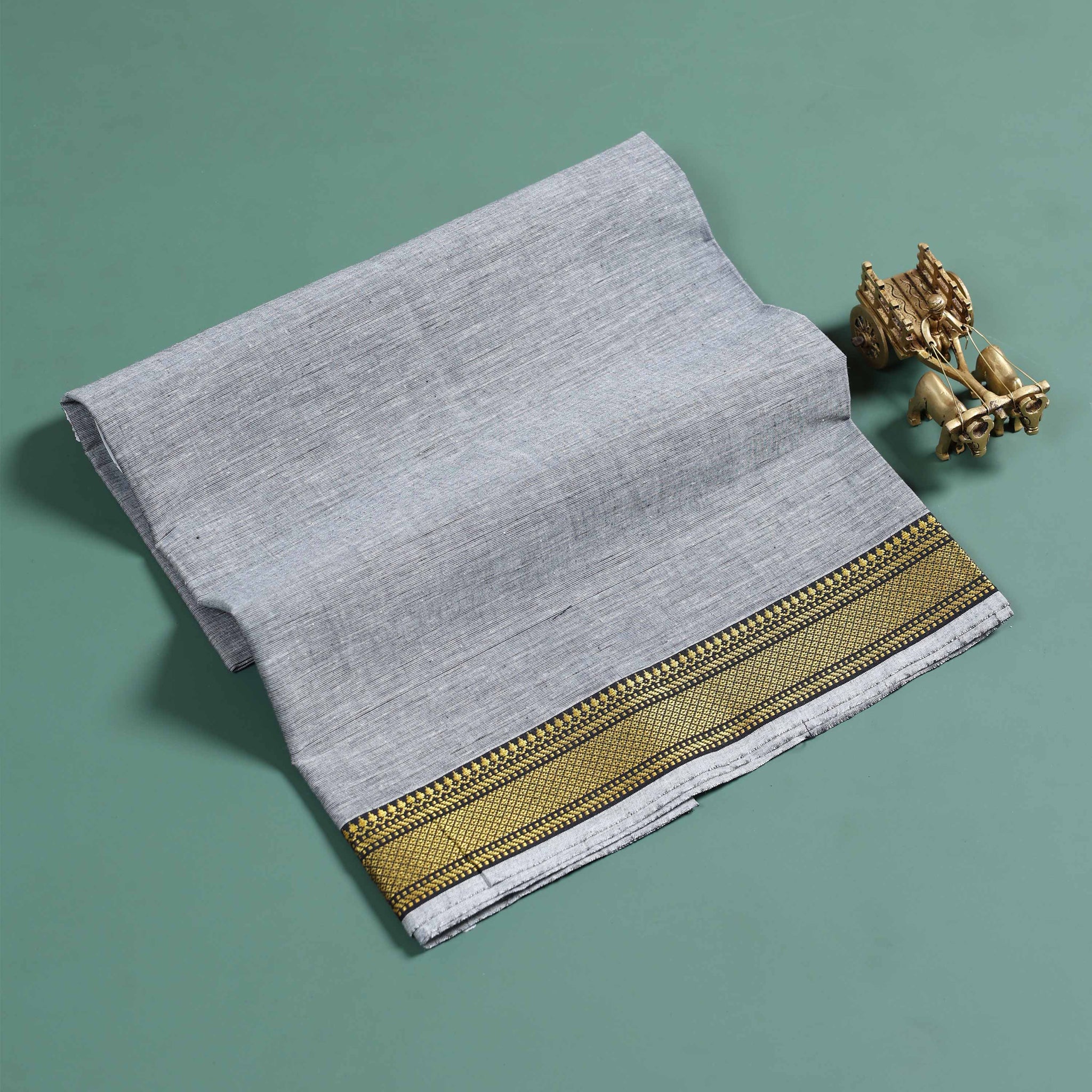 Handloom Cotton Blouse Material with Traditional Border - Grey