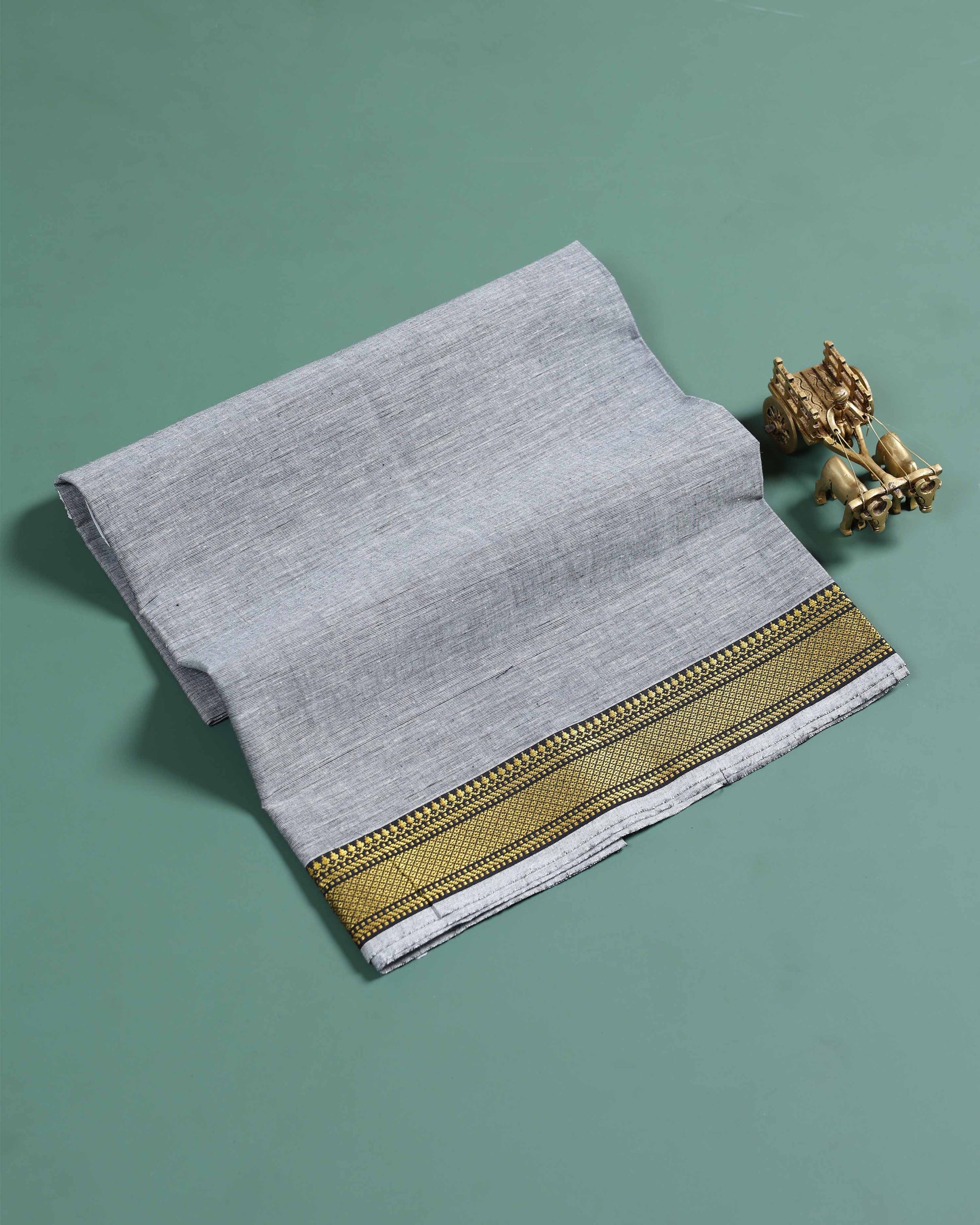 Handloom Cotton Blouse Material with Traditional Border - Grey
