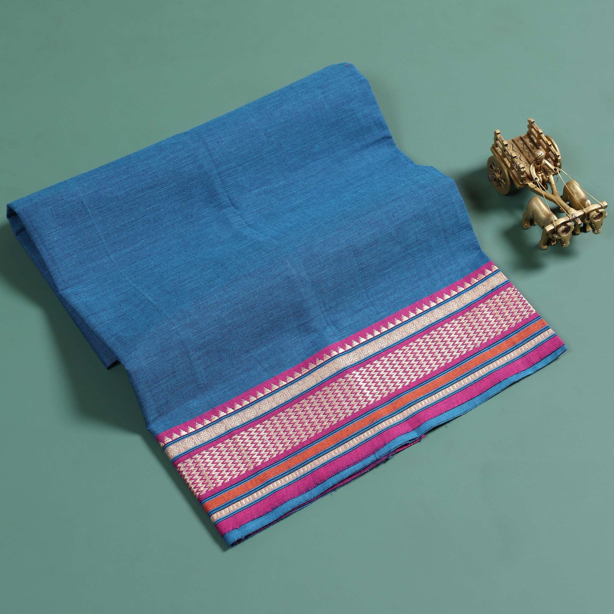 Handloom Cotton Blouse Material with Traditional Woven Border - Blue
